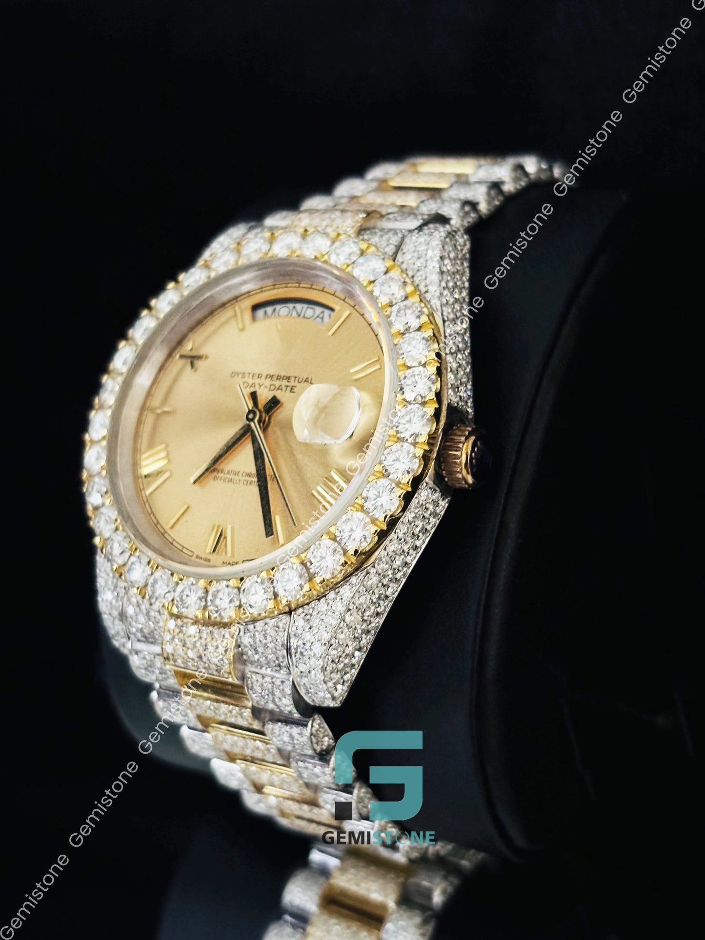 Moissanite Dual Tone Hip Hop Day Date Watch