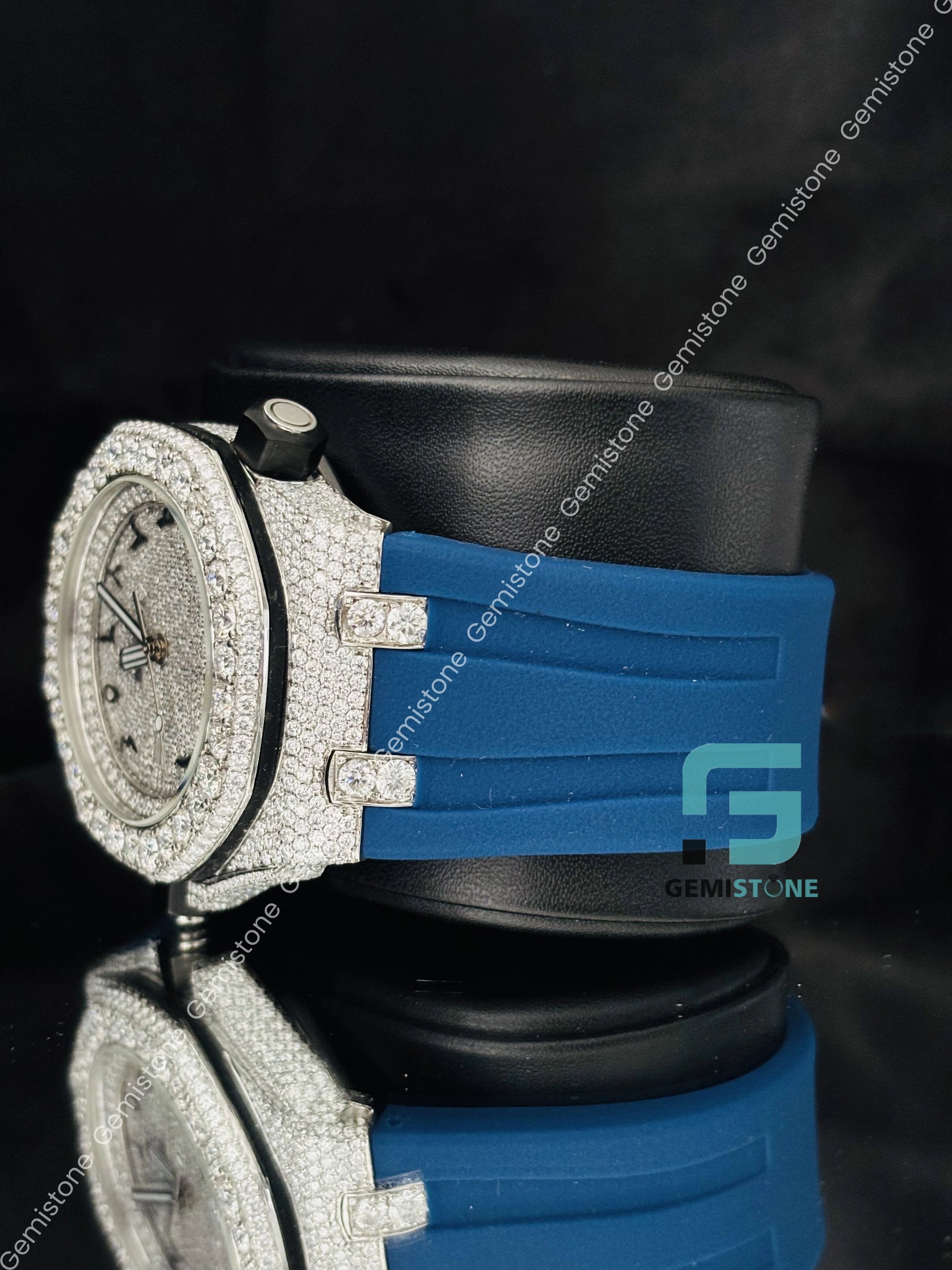 Moissanite Fully Face Dial Studded Blue Rubber Belt Watch