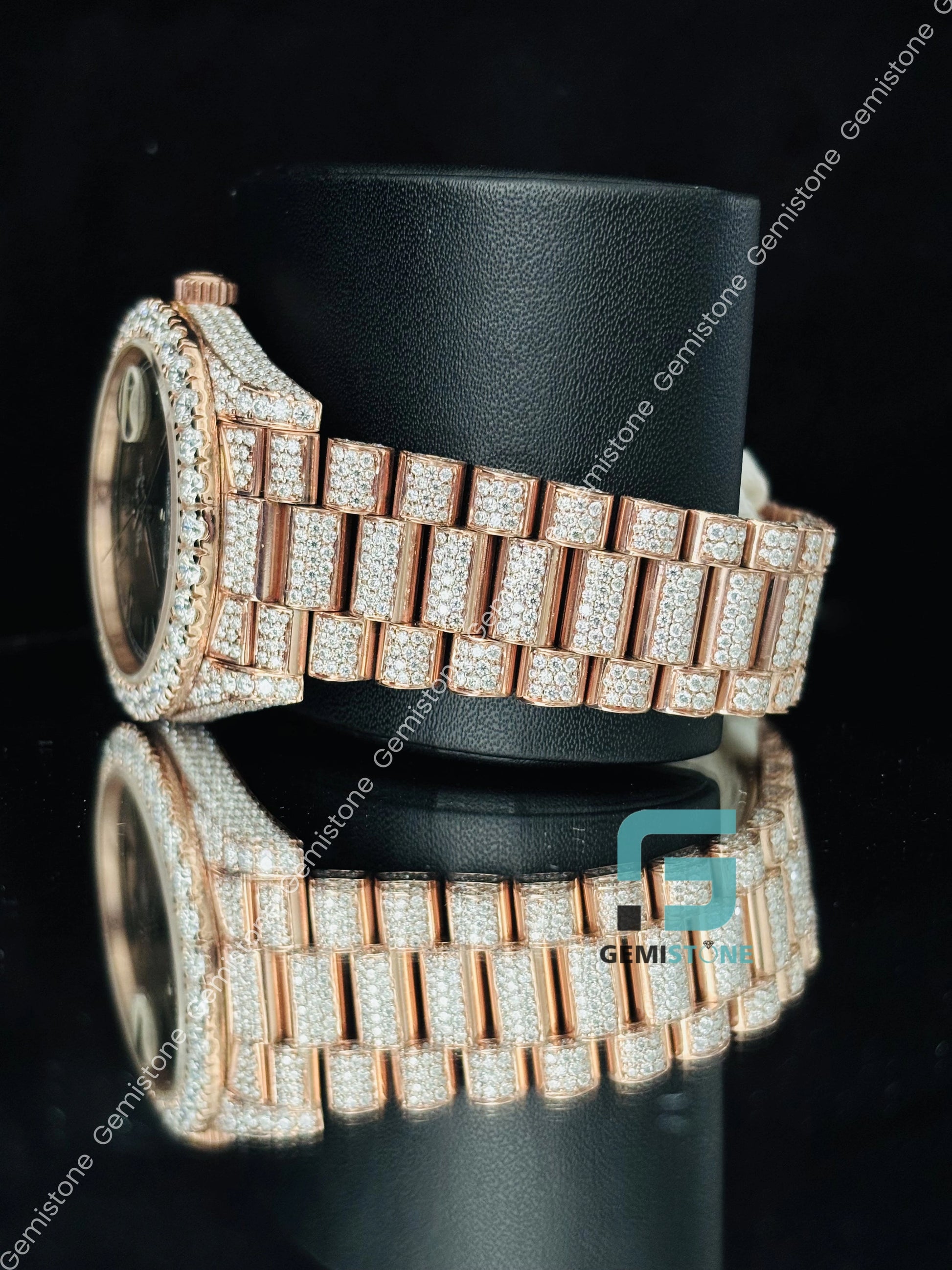 Moissanite Fully Studded Rose Gold Plated Rolex Watch 