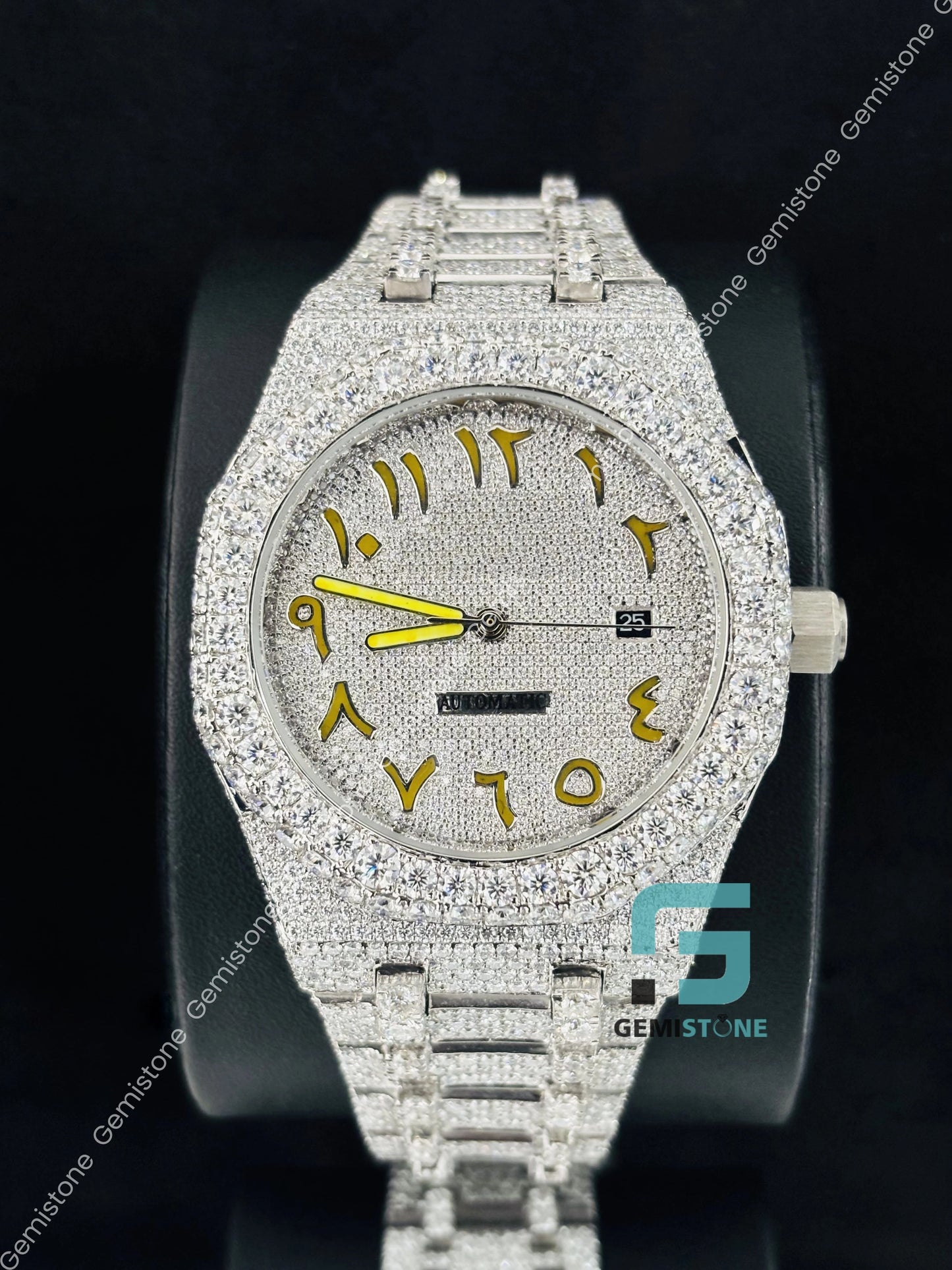 Moissanite Fully Studded Yellow Number Watch