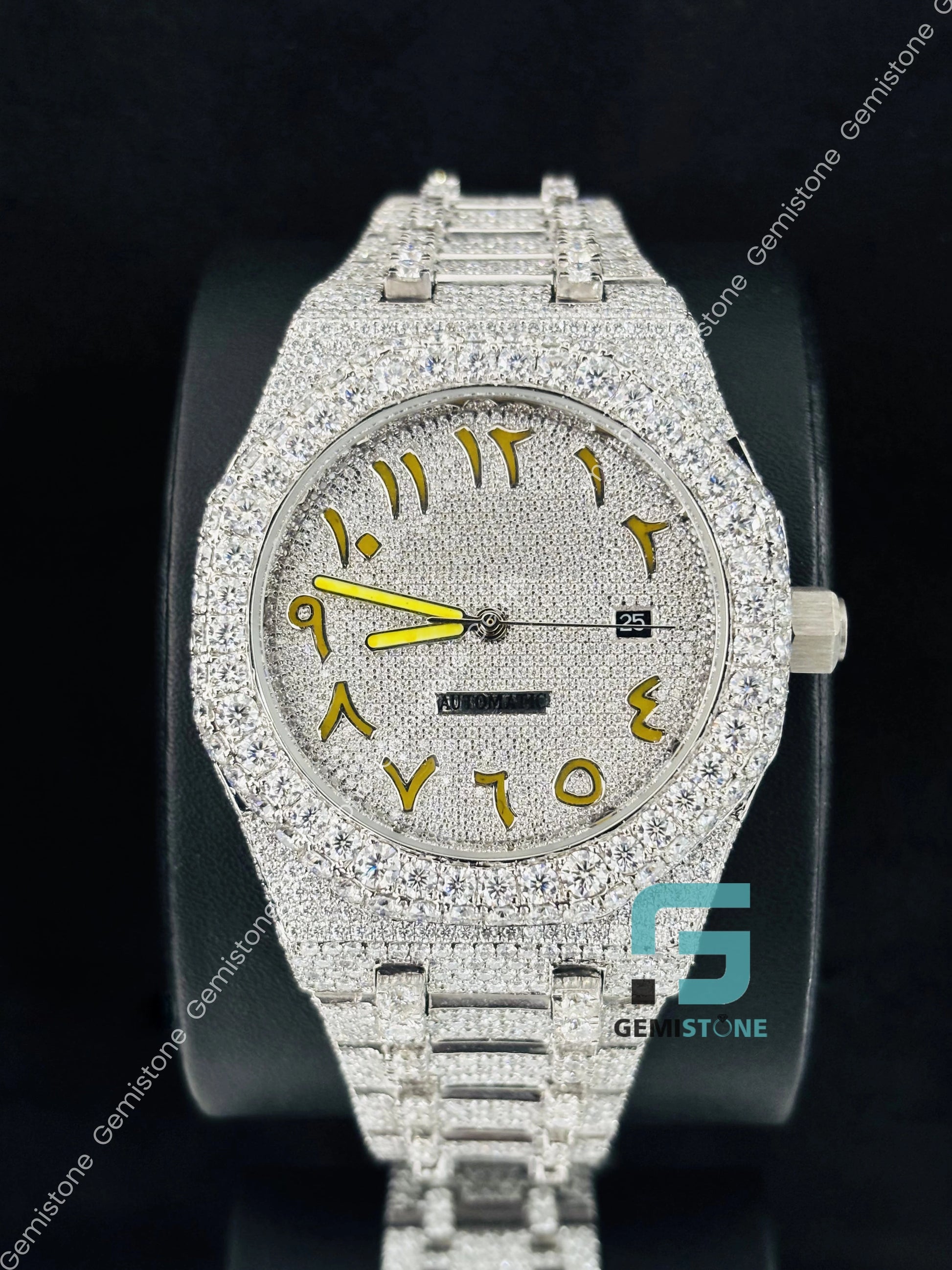 Moissanite Fully Studded Yellow Number Watch