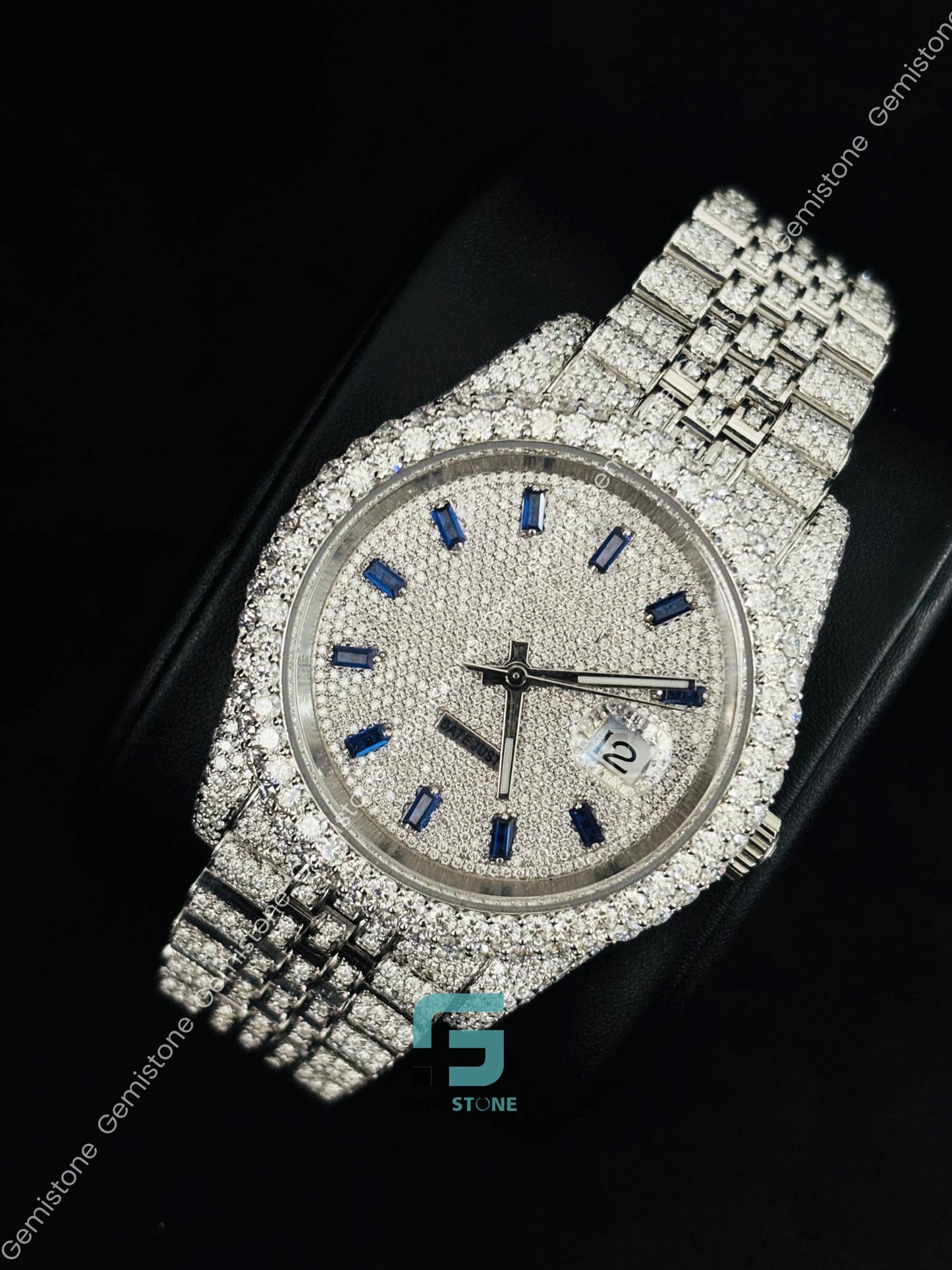 Moissanite Fully Studded iced out Blue Baguette Bar Watch
