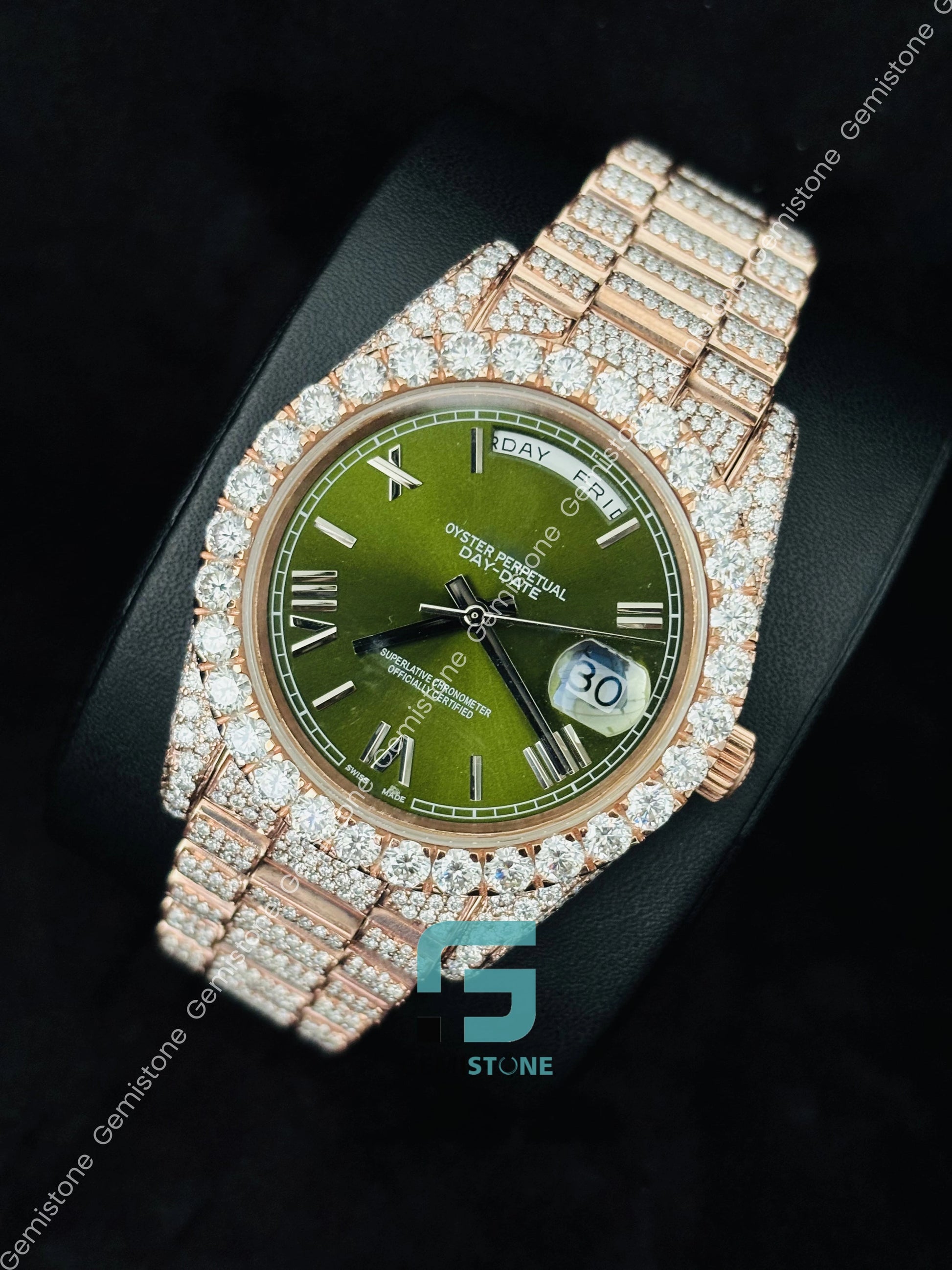 Moissanite Green Dial Day Date Watch for Him