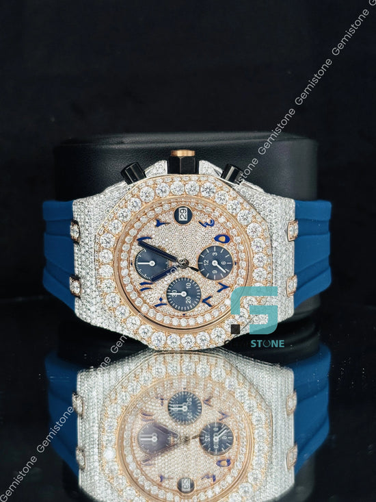 Moissanite Hip Hop Blue Silicon Belt Chronograph Watch