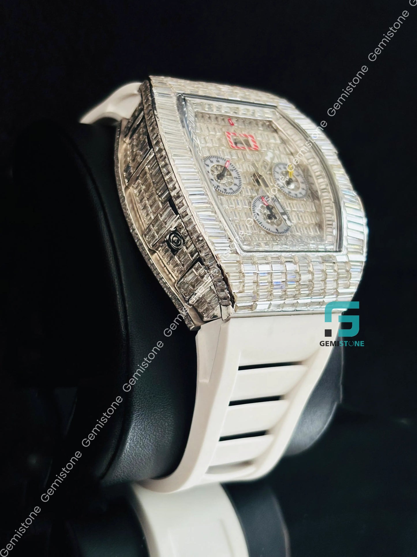 Moissanite Iced Out Baguette White Silicon Starp Watch