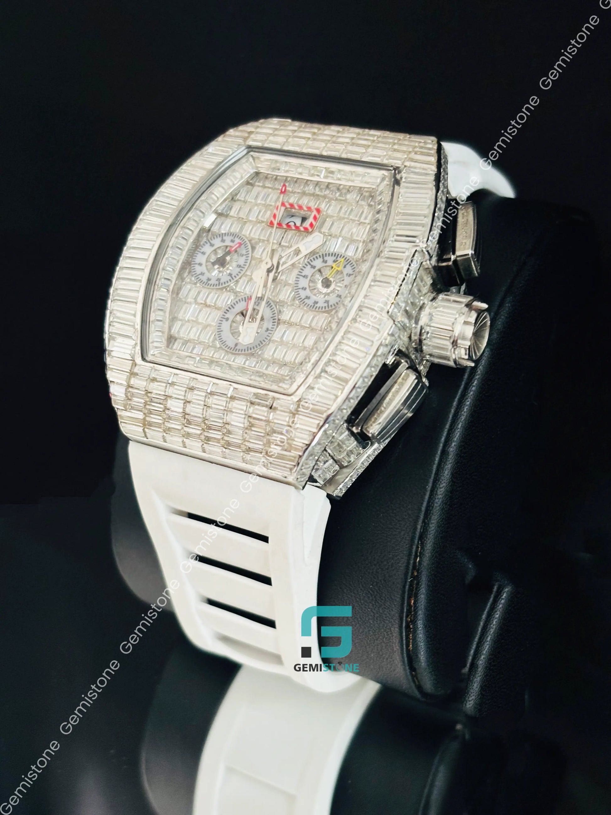 Moissanite Iced Out Baguette White Silicon Starp Watch For Men