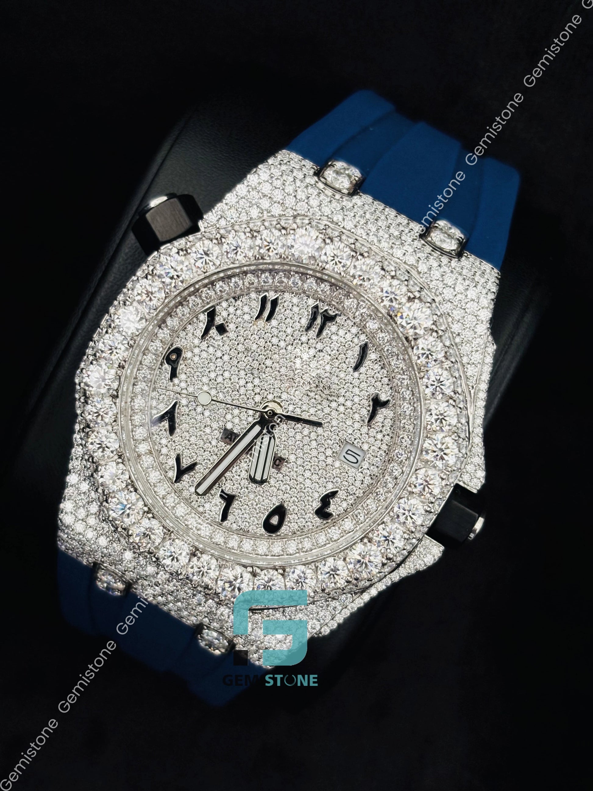 Moissanite Iced Out Blue Rubber Belt Watch
