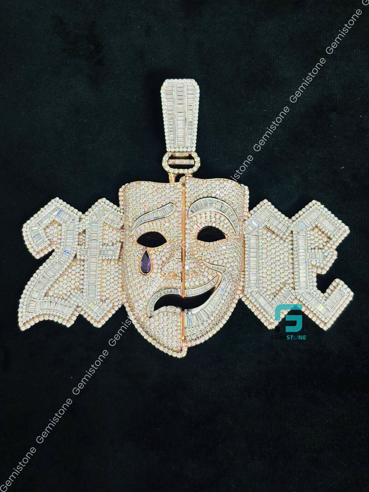 Moissanite Iced Out Crying Face Baguette and Round Diamond Pendant 