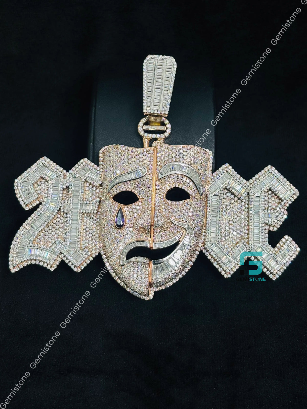 Moissanite Iced Out Crying Face Baguette and Round Diamond Pendant For Men