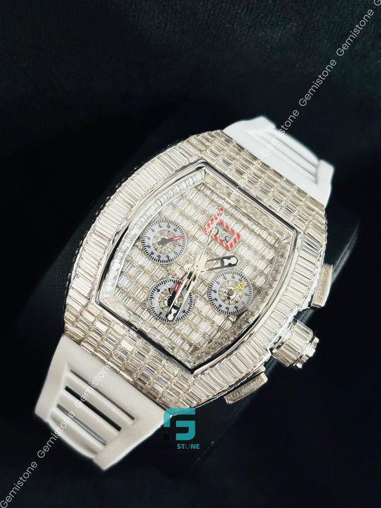 Moissanite Iced Out Fully Baguette White Silicon Starp Watch 