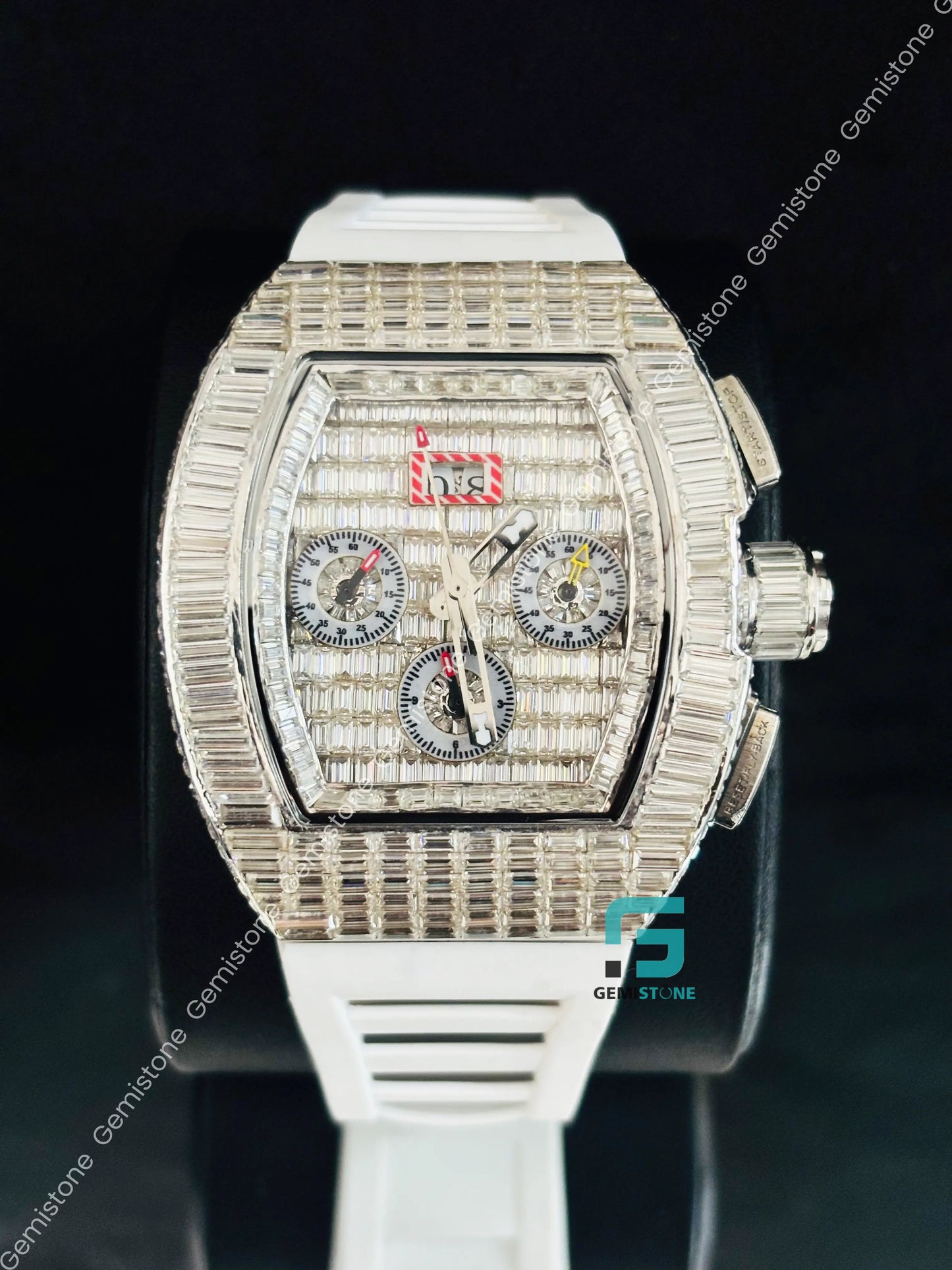 Moissanite Iced Out Fully Baguette White Silicon Starp Watch For Men
