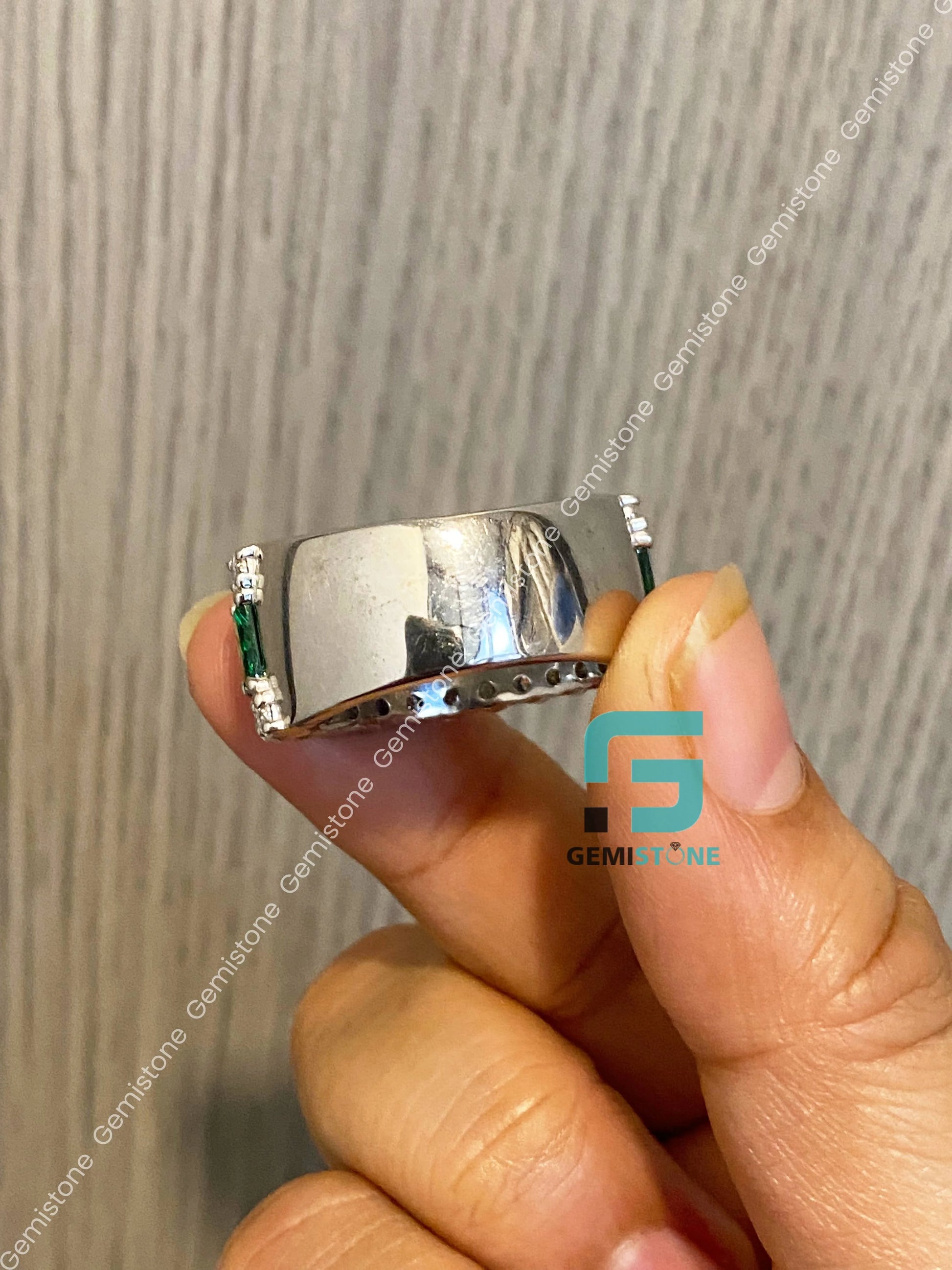 Moissanite Iced Out Green Emerald Wedding Band