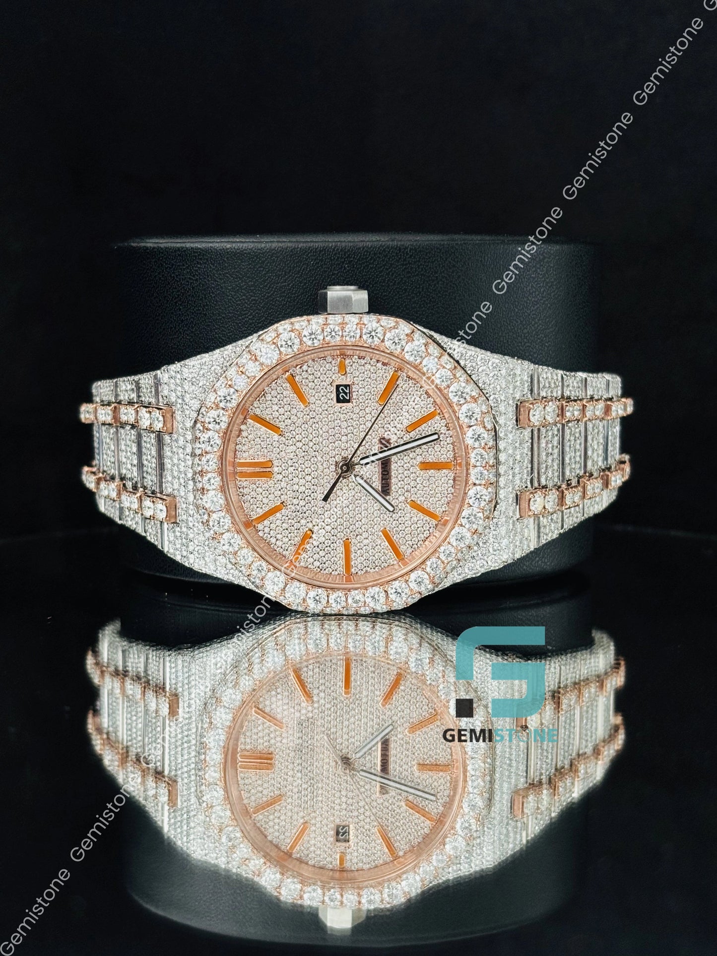 Moissanite Orange Bar Fully Studded Watch For Men_s