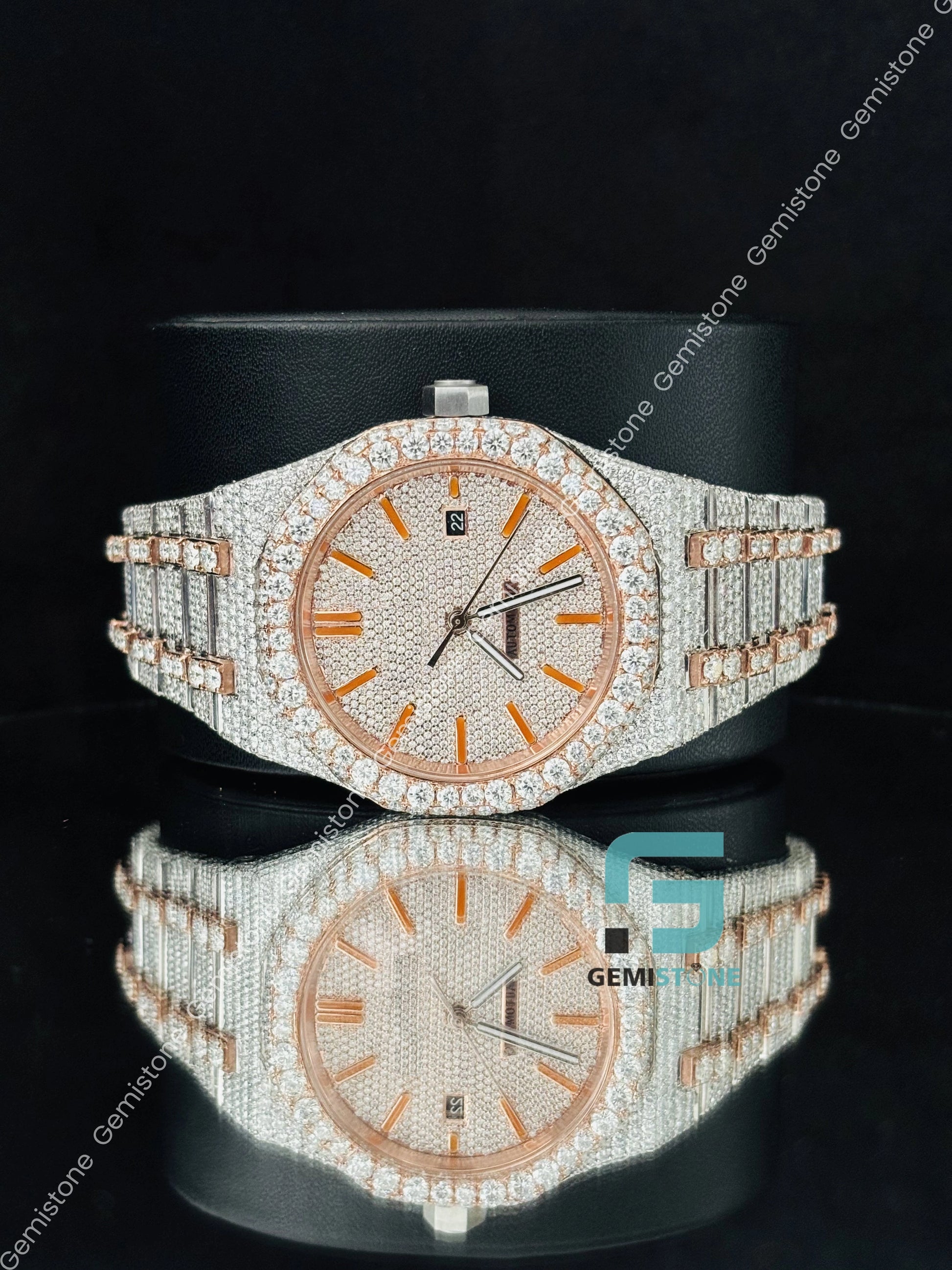 Moissanite Orange Bar Fully Studded Watch For Men_s