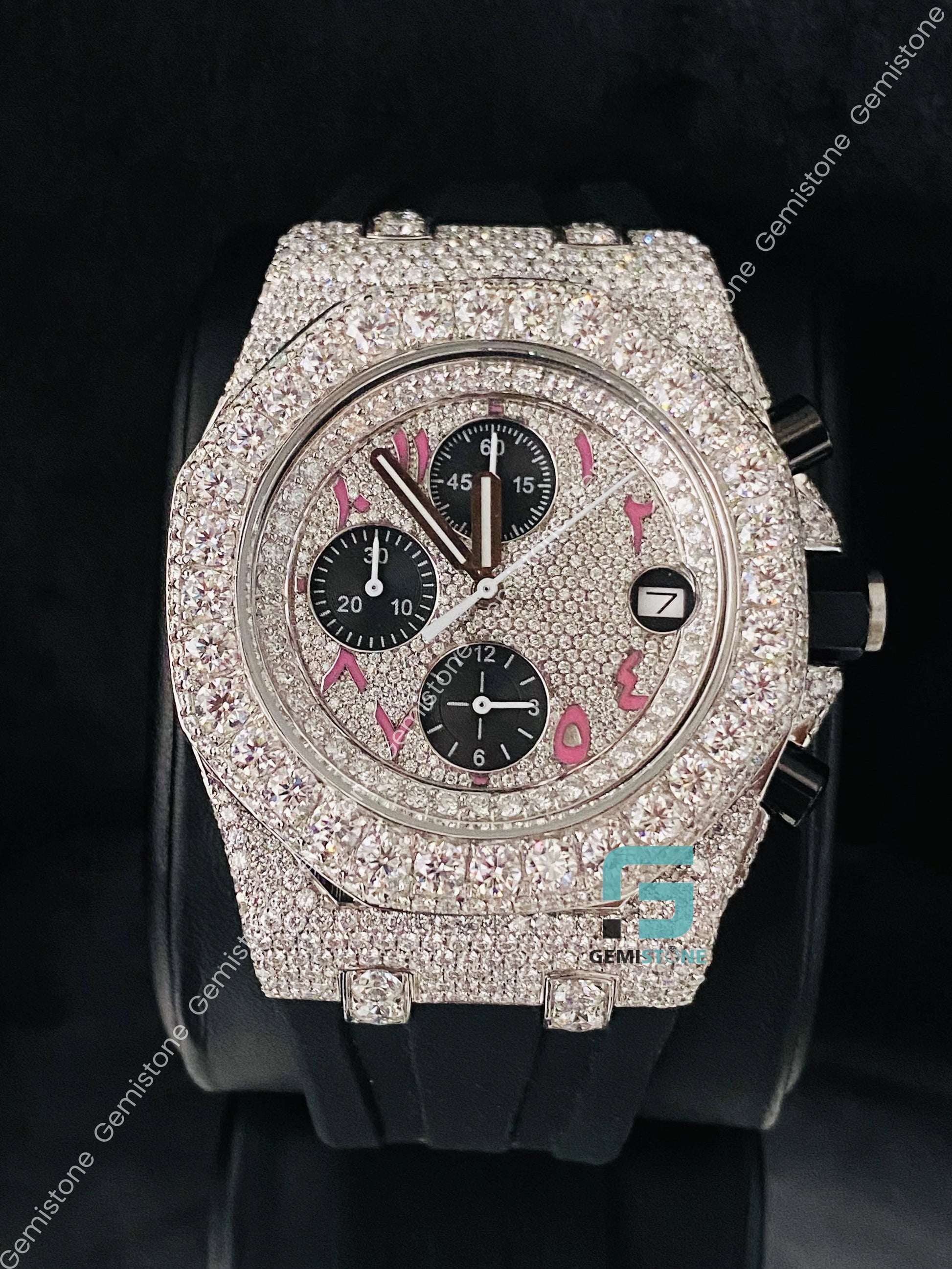 Moissanite Pink Arabic Number Men_s Watch