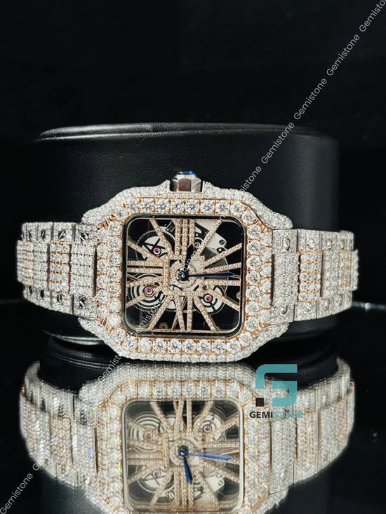 Moissanite Two Tone Skeleton Dial Iced Out Watch