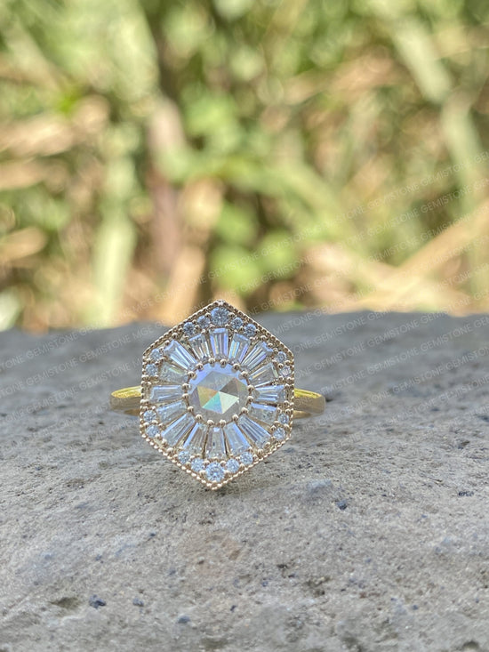 Hexagon Shape Round Rose Cut Moissanite Halo Vintage Engagement Ring