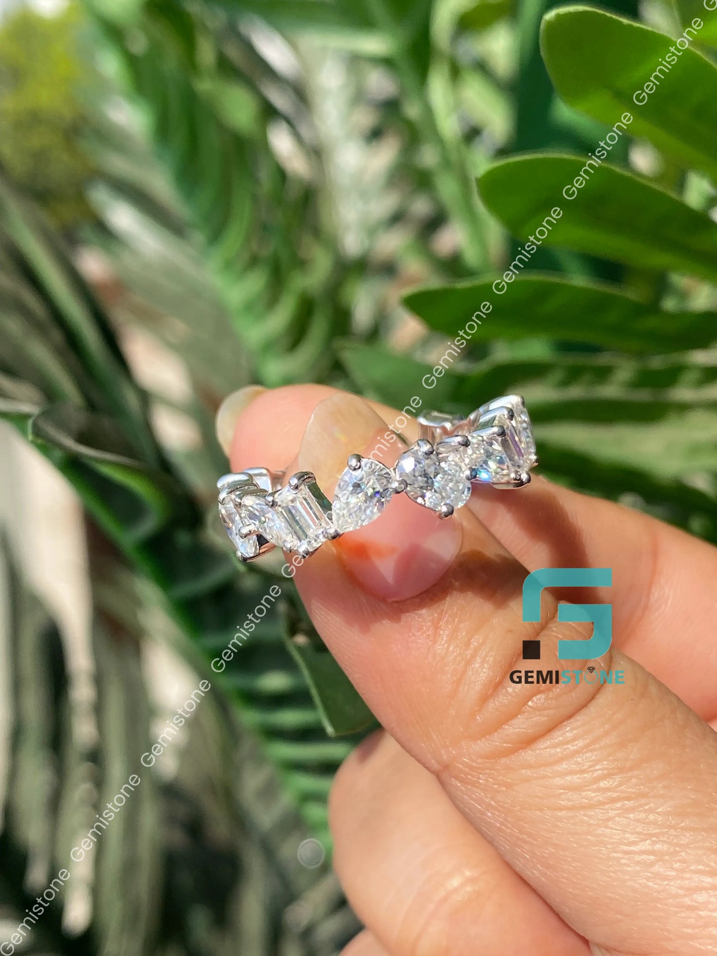 Multi Shape Moissanite Full Eternity Cluster Wedding Band