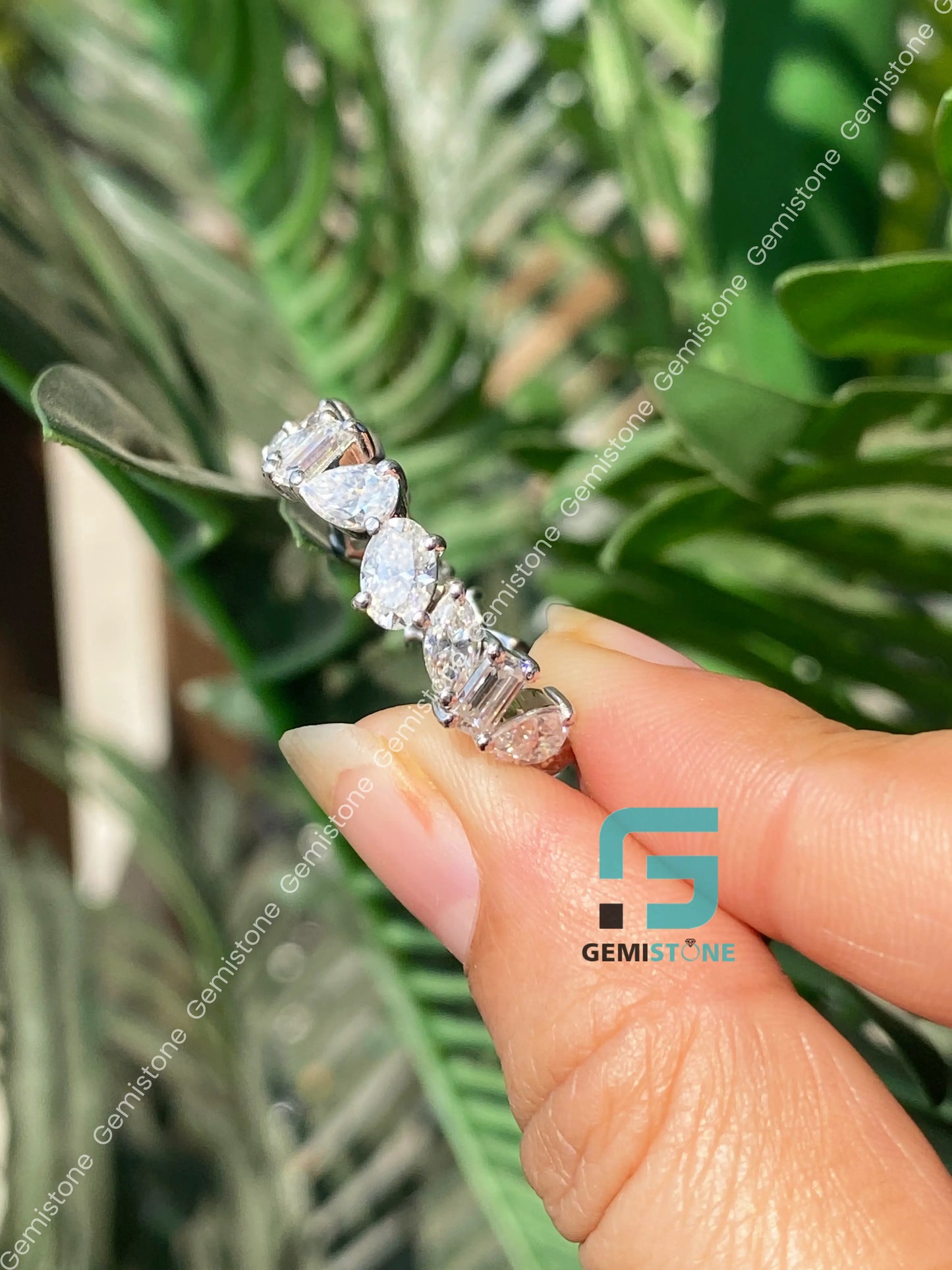 Multi Shape Moissanite Full Eternity Cluster Wedding Band