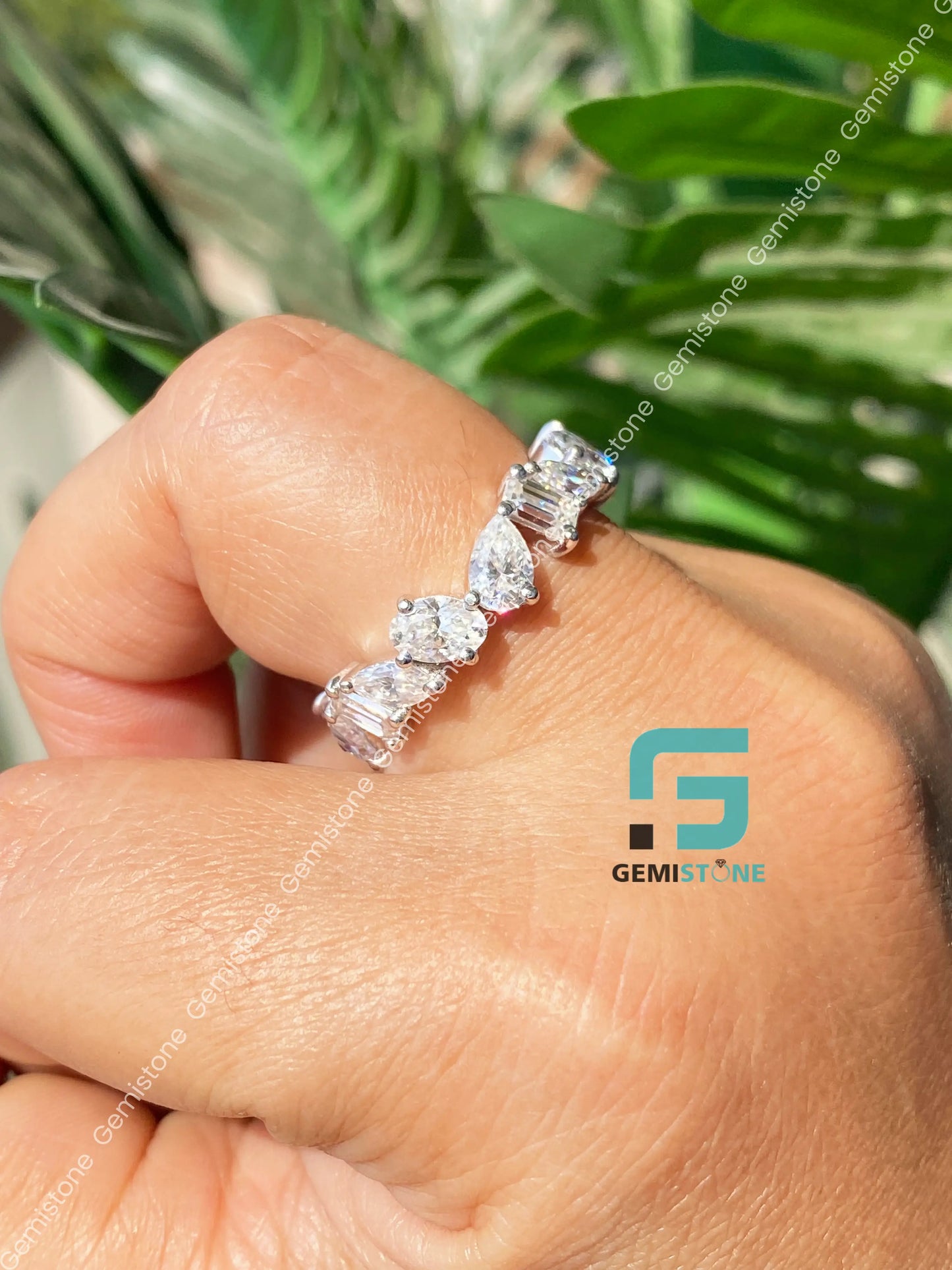 Multi Shape Moissanite Full Eternity Cluster Wedding Band