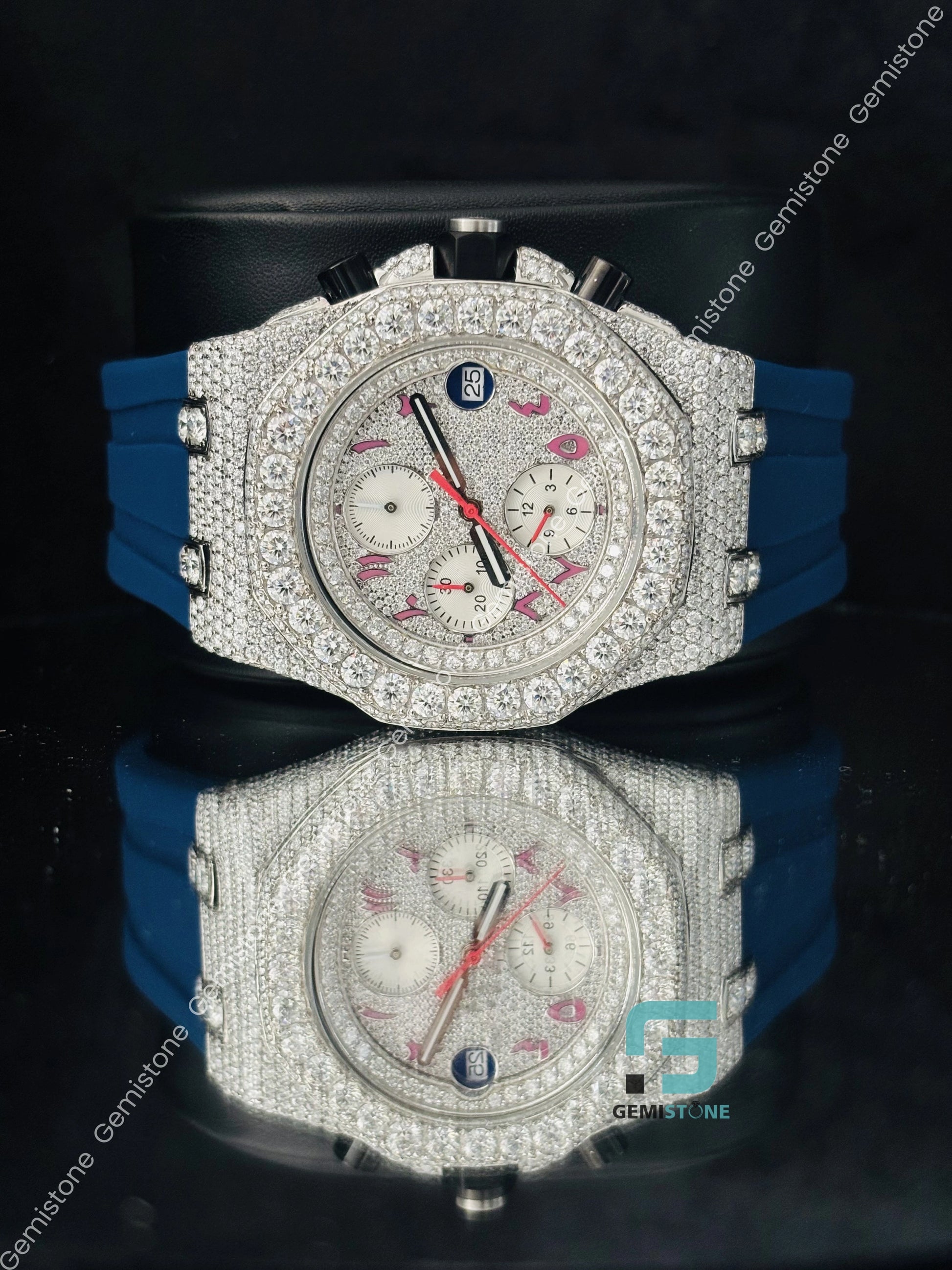 Multi Chronograph Blue Silicon Belt Moissanite Hip Hop Watch
