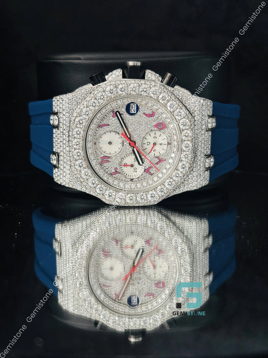 Multi Chronograph Blue Silicon Belt Moissanite Hip Hop Watch