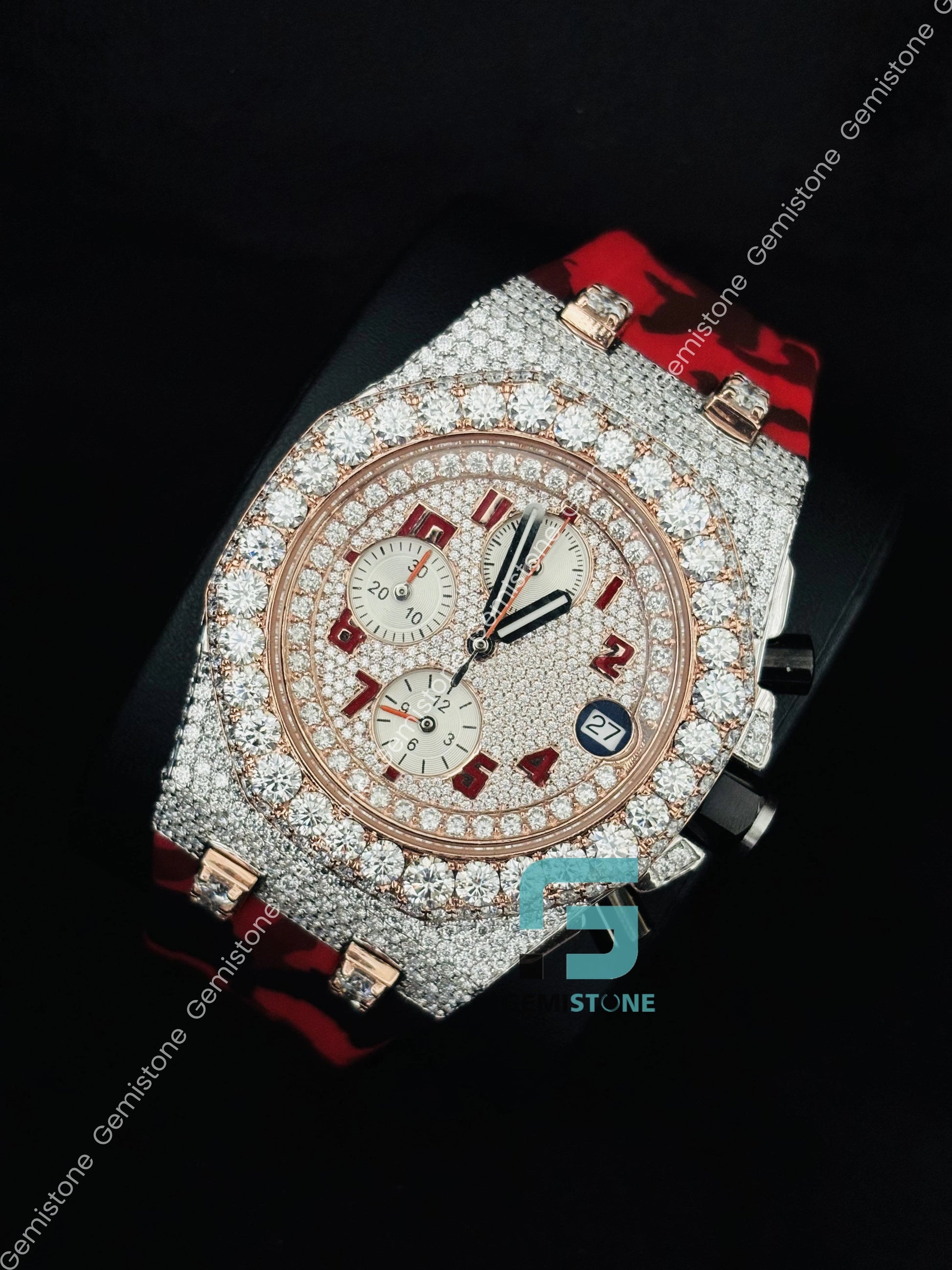 Multi Chronograph Hip Hop Red Silicon Belt Moissanite Watch
