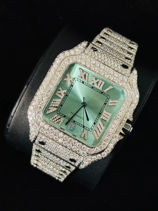Studded Roman Number Moissanite Muted Green Color Dial Watch