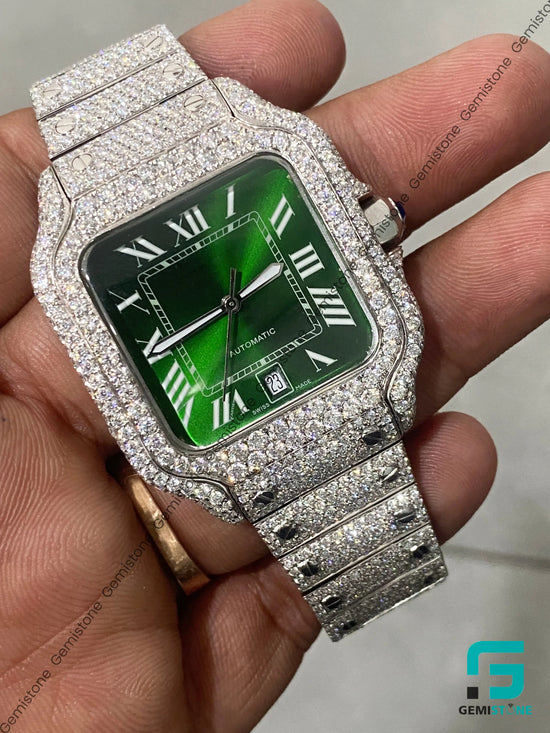 41MM Olive Green Dial Roman Numerical Moissanite Hip Hop Watch