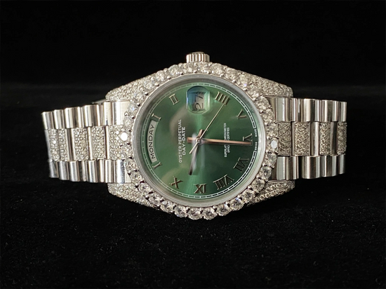 Elegant Olive Green Dial Presidential Strap Moissanite Watch