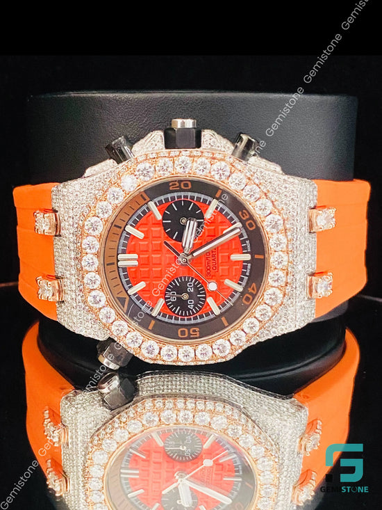 Elegant Mens Orange Color Silicon Rubber Strap Fully Bust Down Moissanite Watch