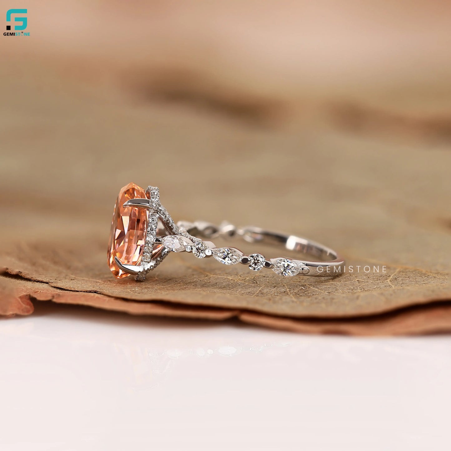 Orange Morganite Lab Diamond Cathedral Hidden Halo Ring