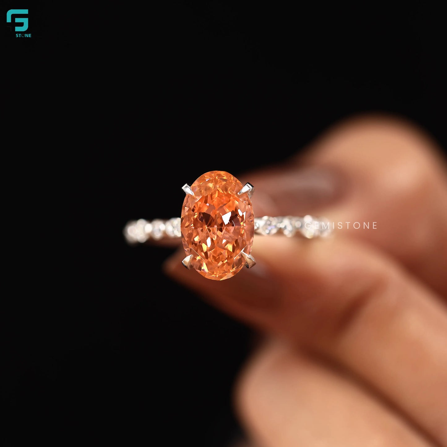 Orange Morganite Lab Diamond Cathedral Hidden Halo Ring