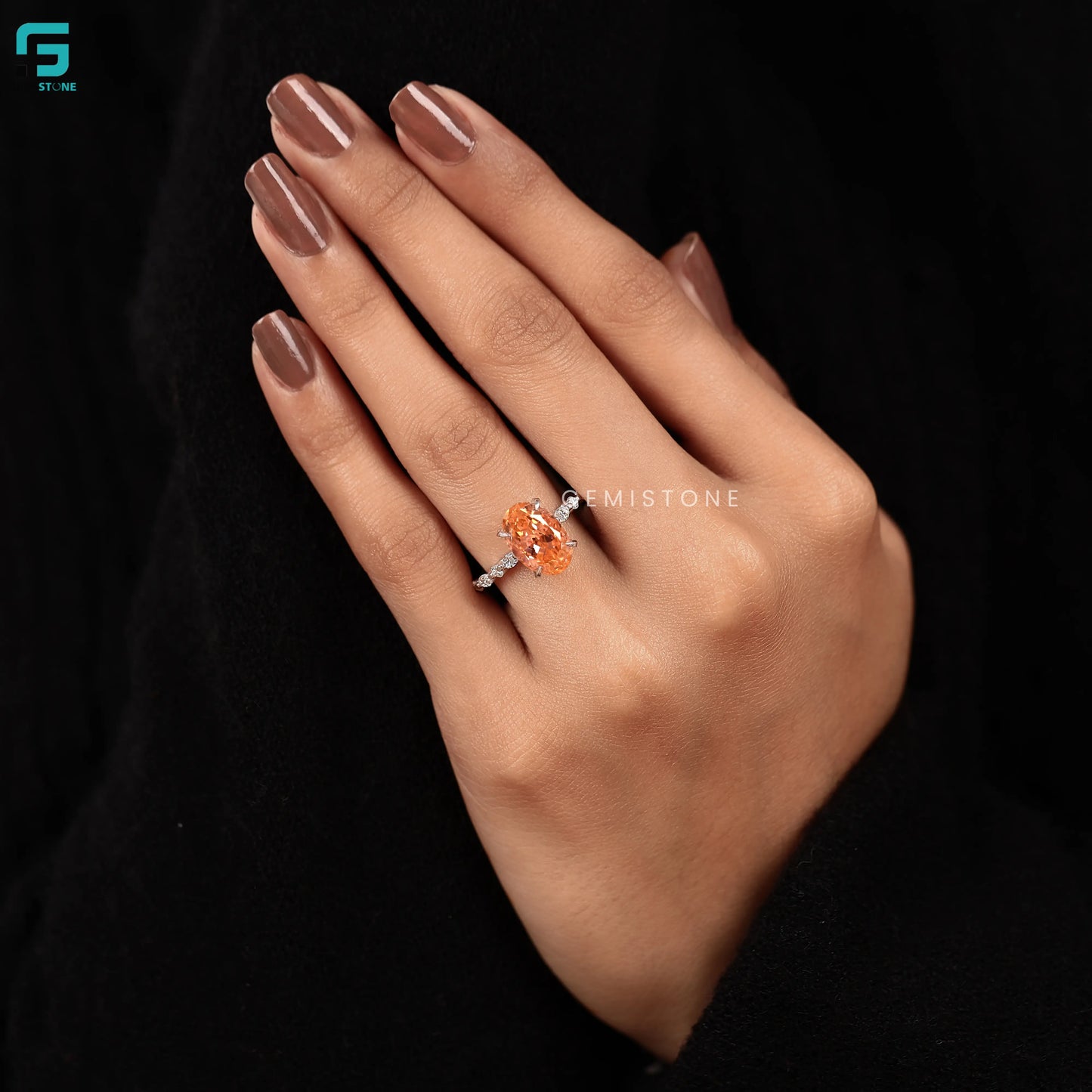 Orange Morganite Lab Diamond Cathedral Hidden Halo Ring