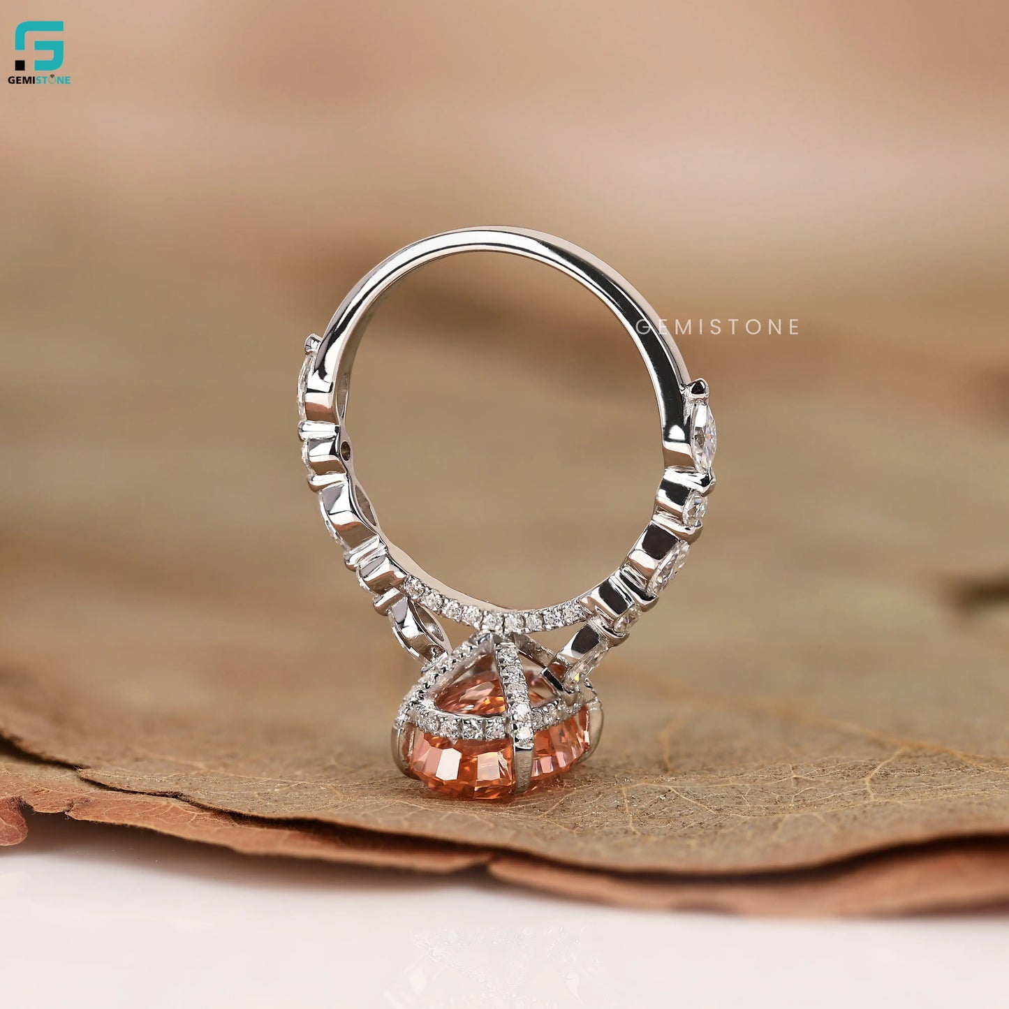 Orange Morganite Lab Diamond Cathedral Hidden Halo Ring