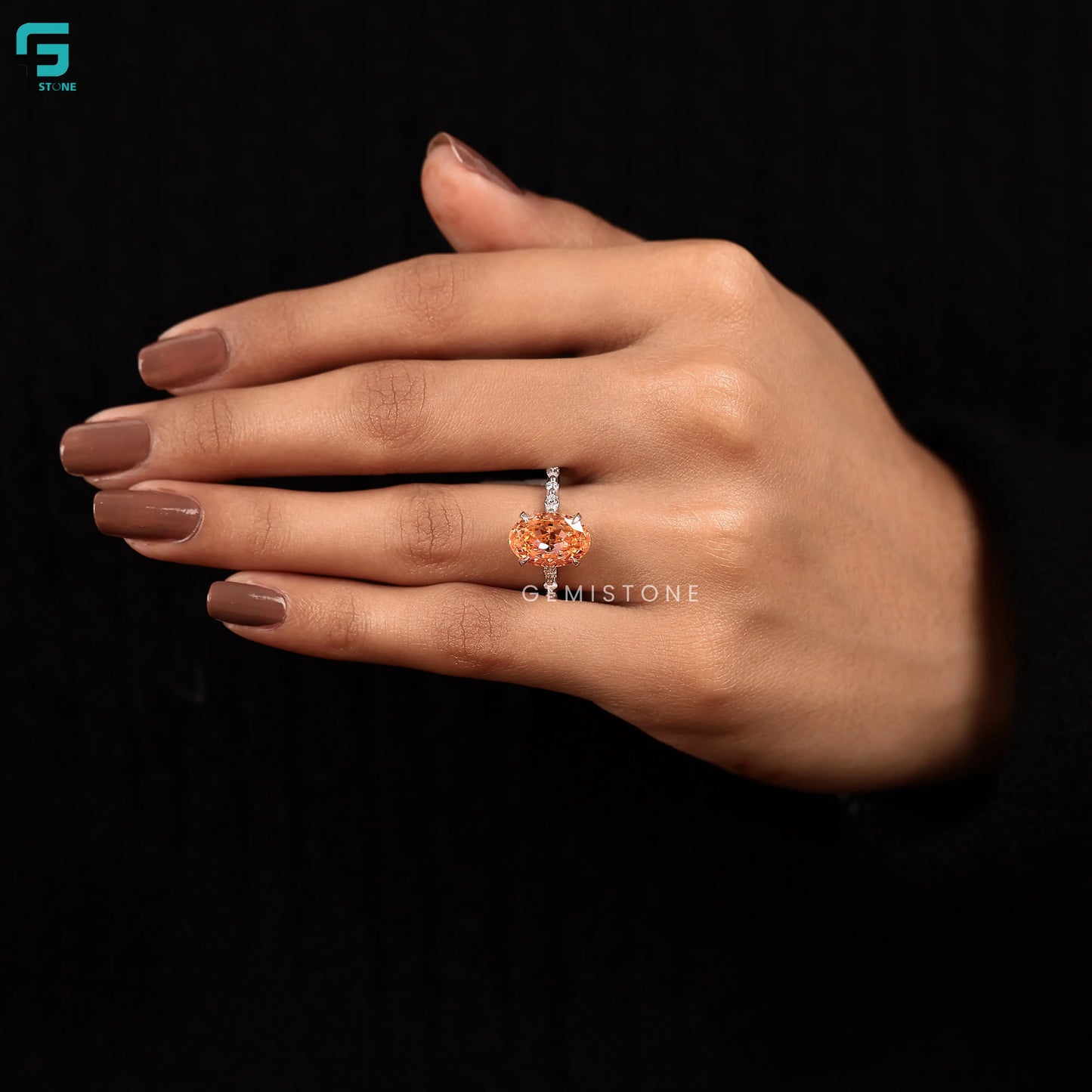Orange Morganite Lab Diamond Cathedral Hidden Halo Ring