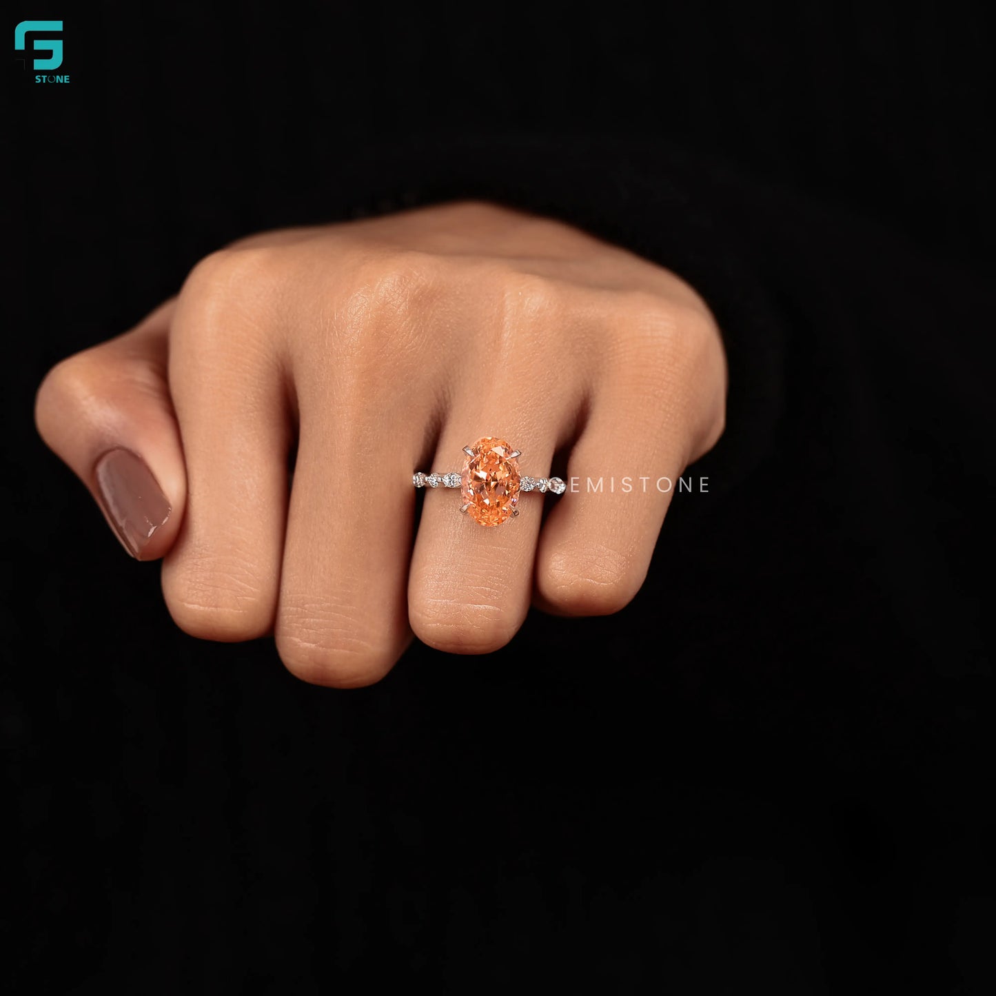 Orange Morganite Lab Diamond Cathedral Hidden Halo Ring