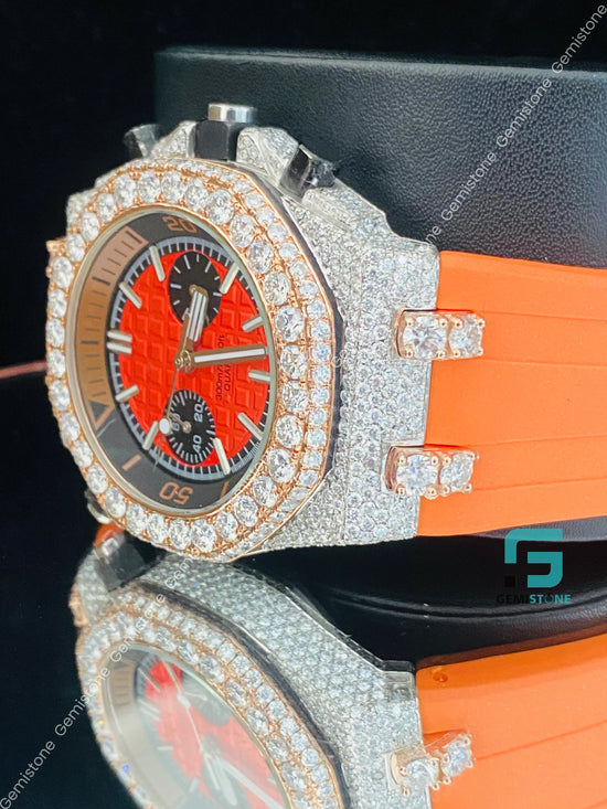 Elegant Mens Orange Color Silicon Rubber Strap Fully Bust Down Moissanite Watch