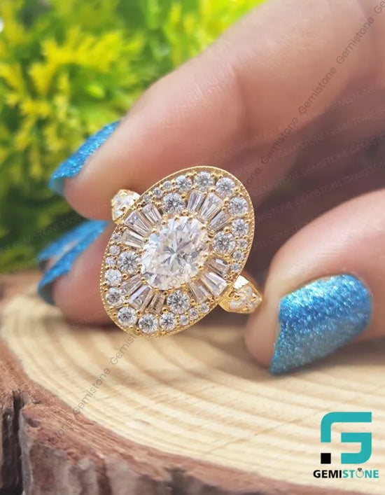 Oval Cut Moissanite Cluster Ring | Vintage Oval Halo Engagement Ring