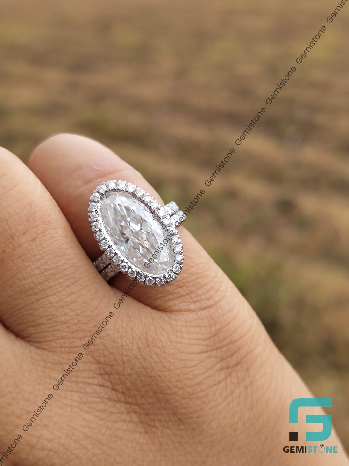 Hidden Halo Pave Set Moissanite 5Ct Elongated Oval Diamond Ring