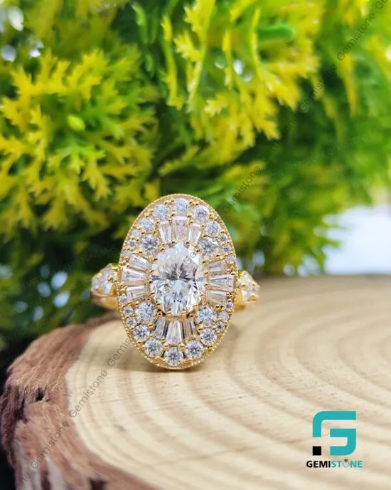 Oval Cut Moissanite Cluster Ring | Vintage Oval Halo Engagement Ring