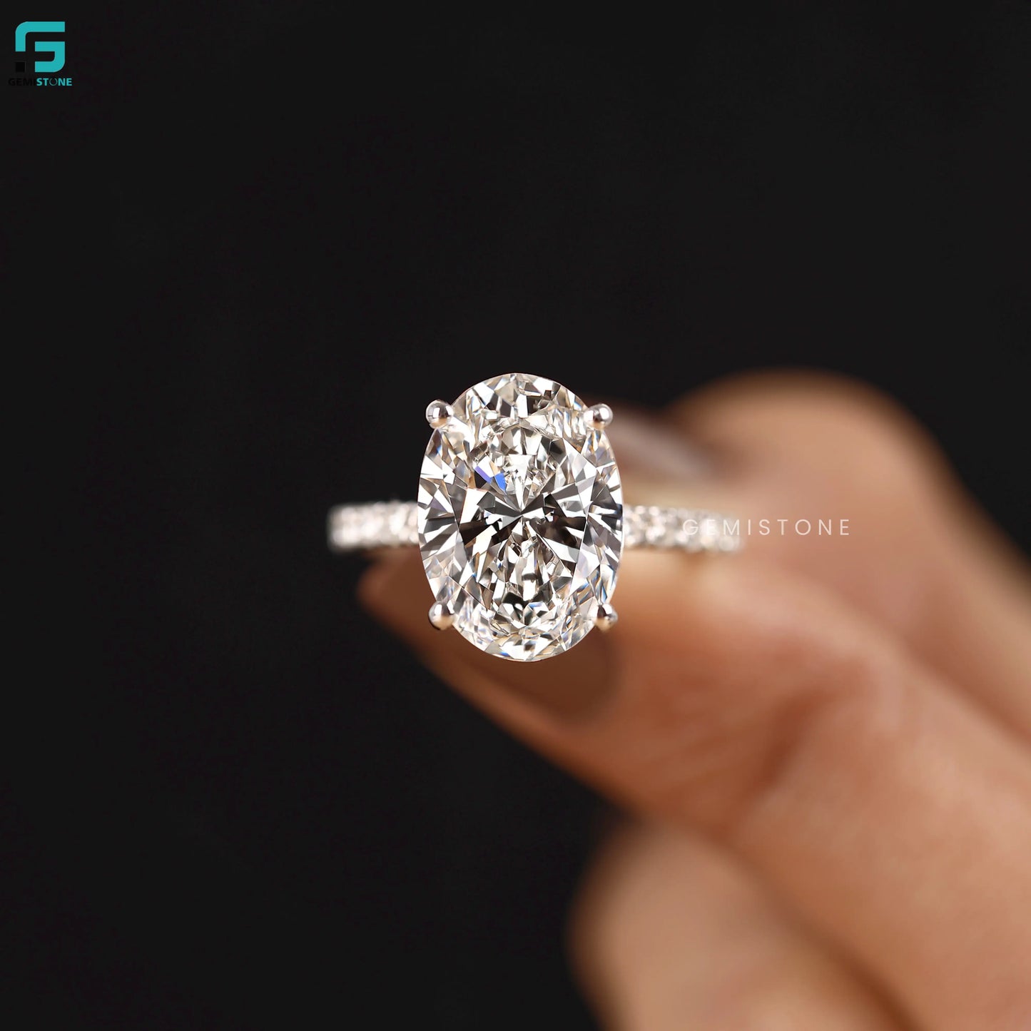Oval Lab Diamond Hidden Halo and Pave Band Ring 