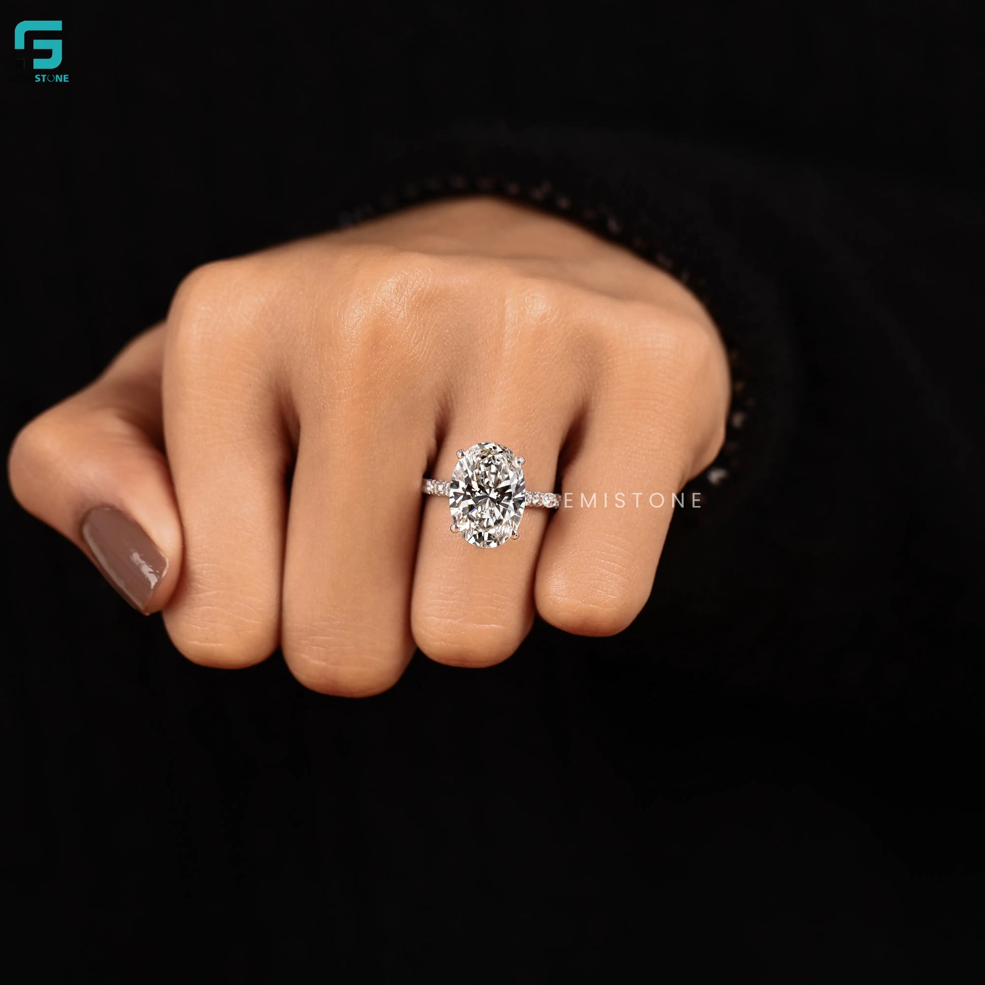 Oval Lab Diamond Hidden Halo and Pave Band Ring For Women