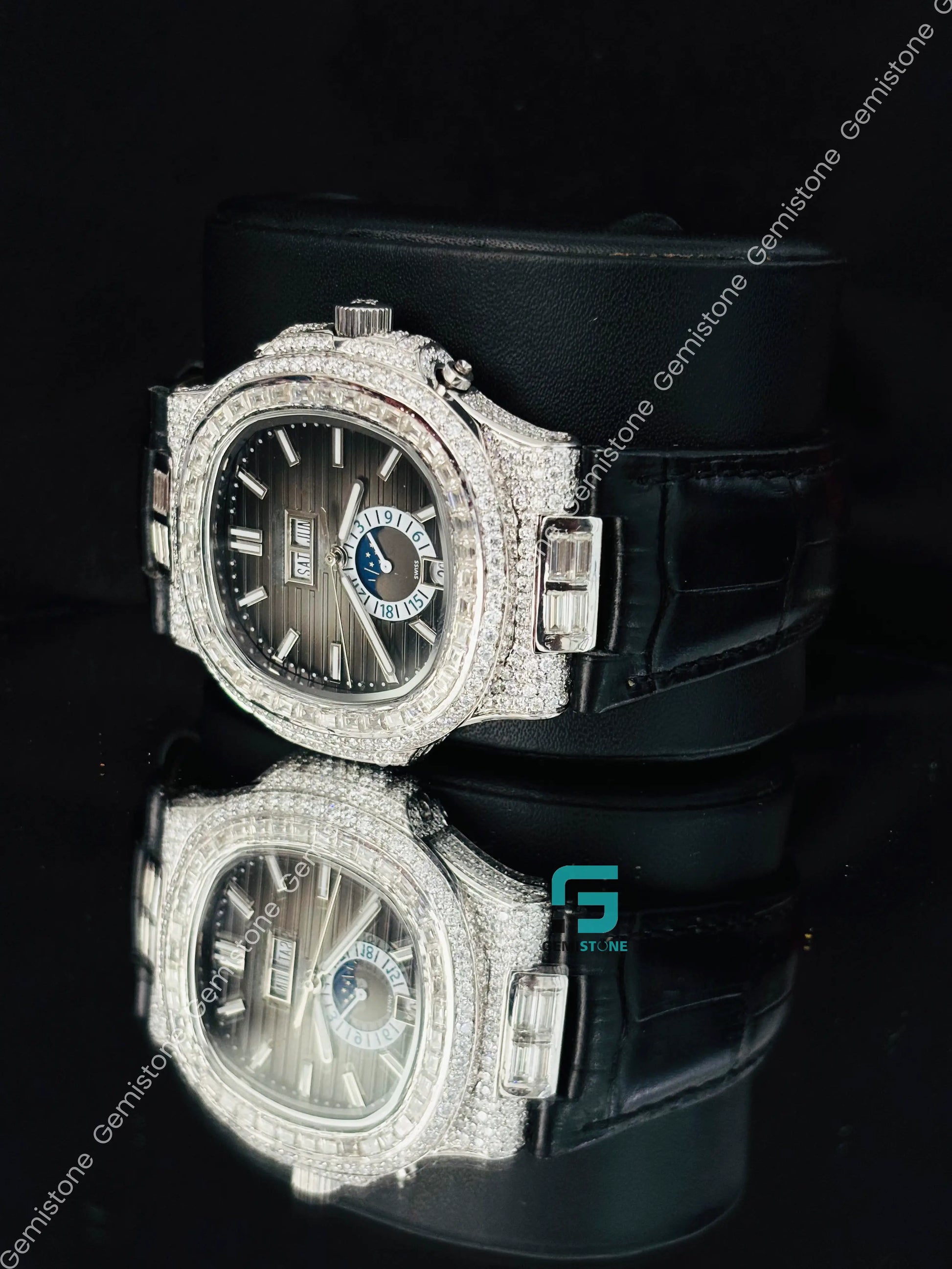 Patek Philippe Black Dial Iced Out Moissanite Watch For Men