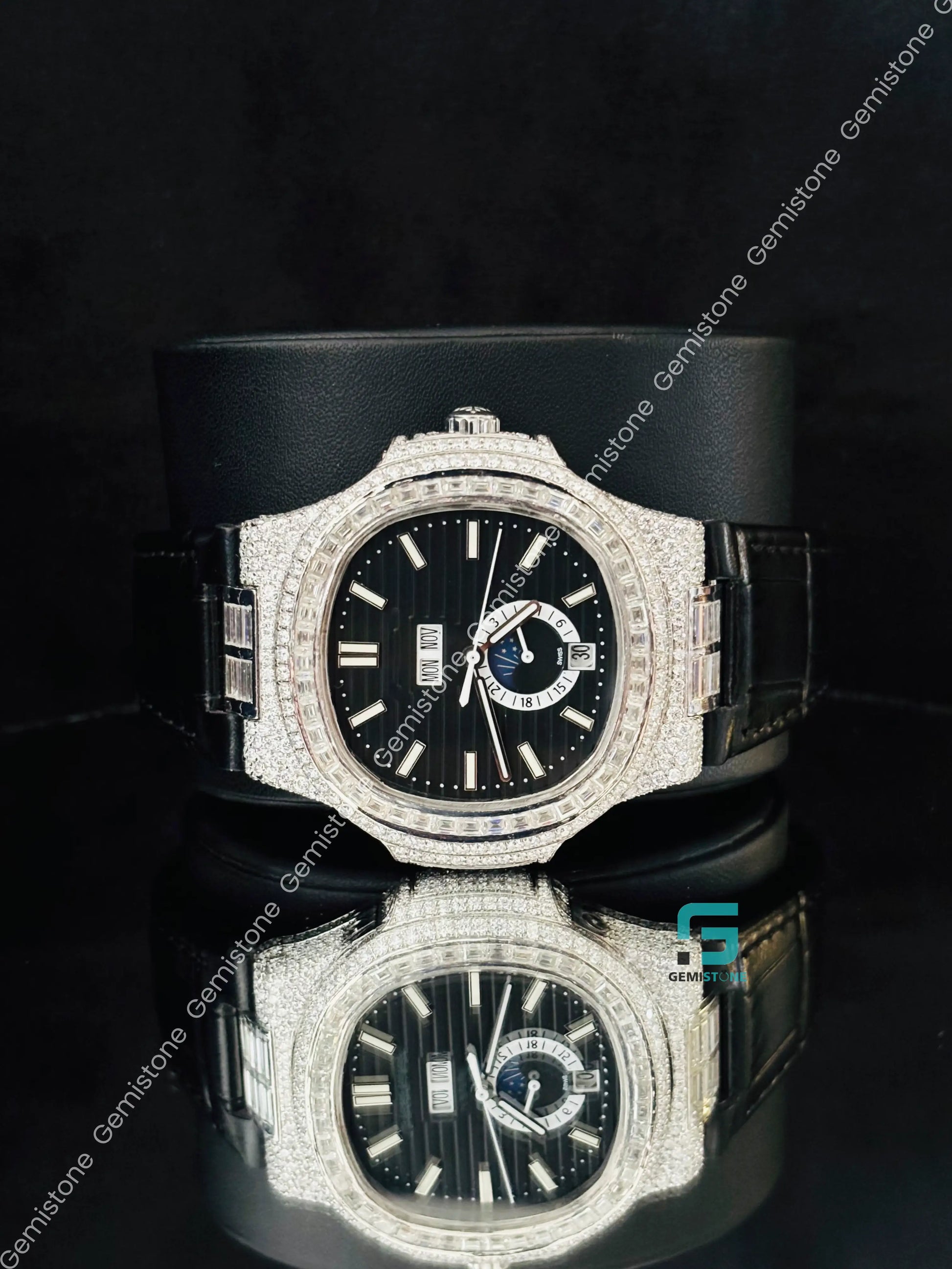 Patek Philippe Black Dial White Bar Baguette Moissanite Watch
