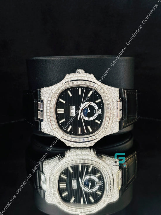 Patek Philippe Black Dial White Bar Baguette Moissanite Watch