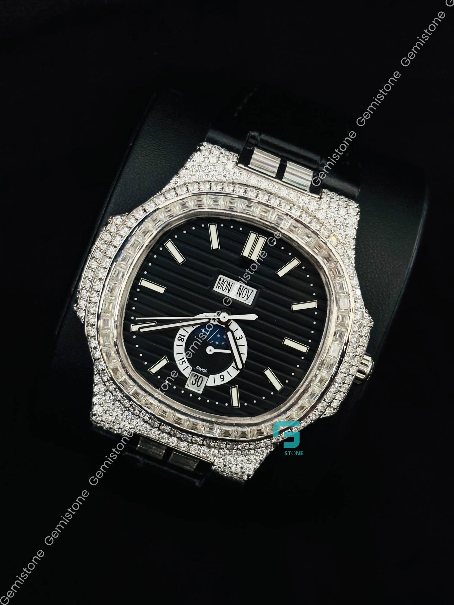 Patek Philippe Black Dial White Bar Baguette Moissanite Watch For Men