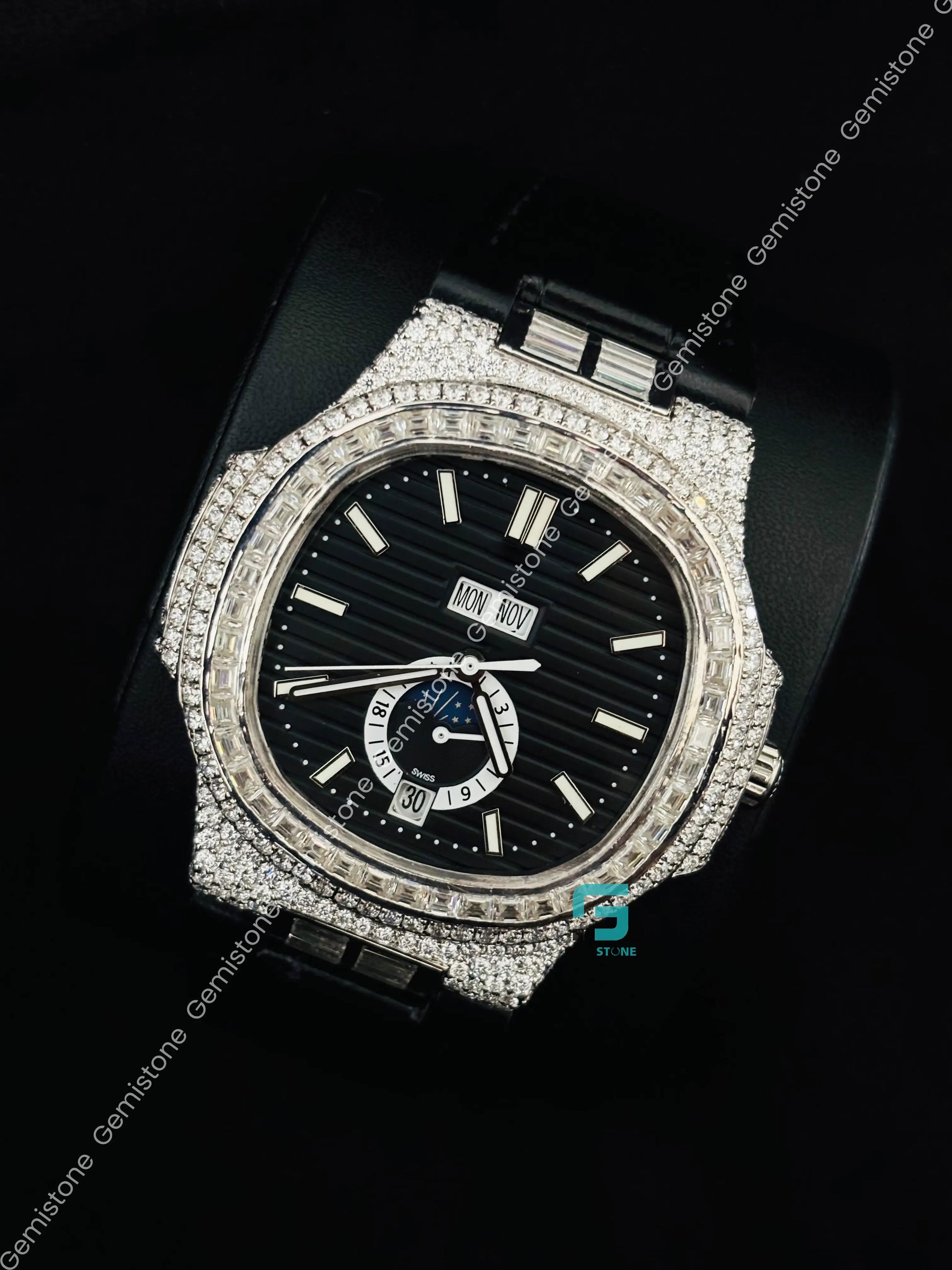 Patek Philippe Black Dial White Bar Baguette Moissanite Watch For Men