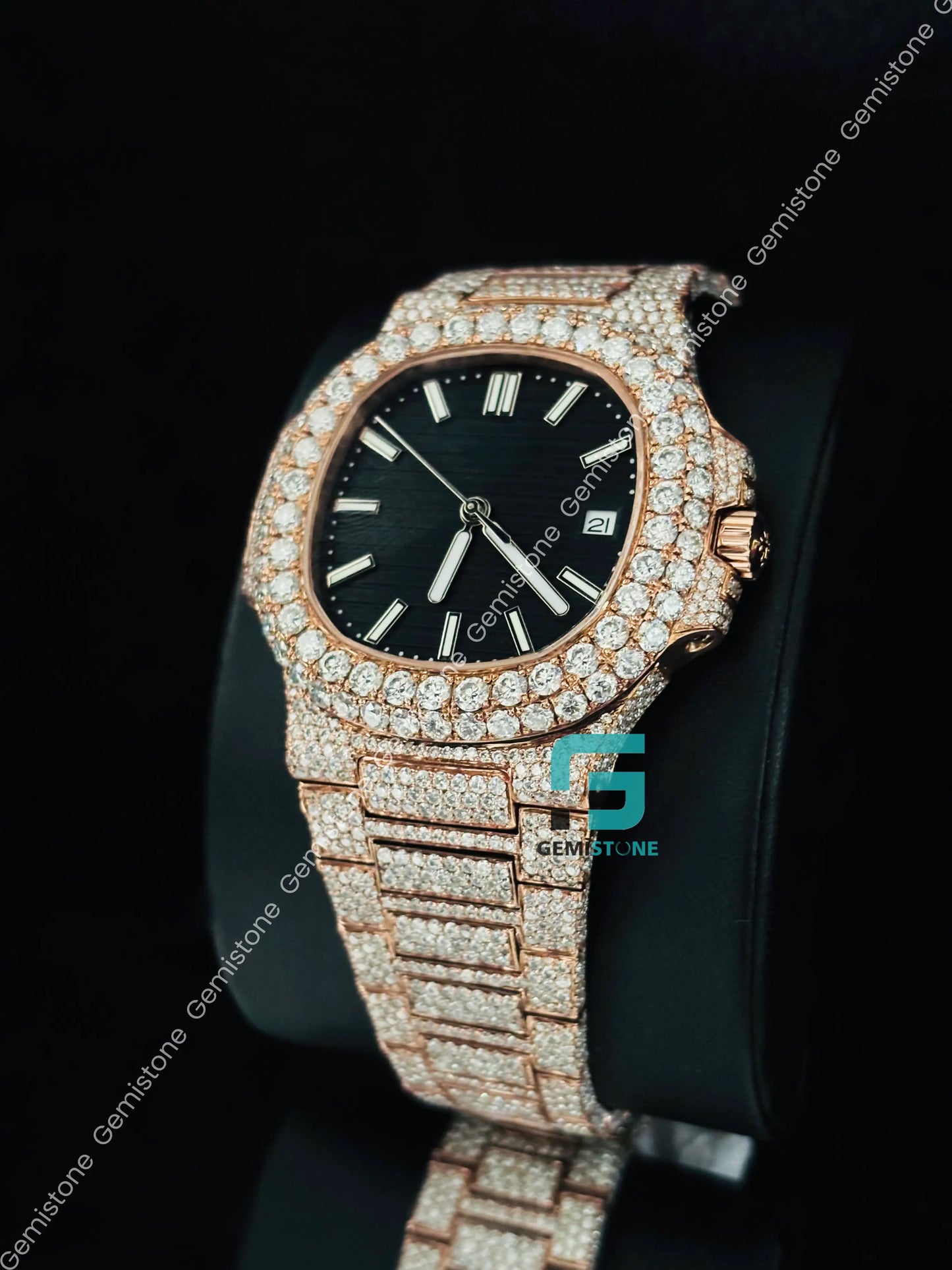 Patek Philippe Black Dial White Bar Moissanite Watch