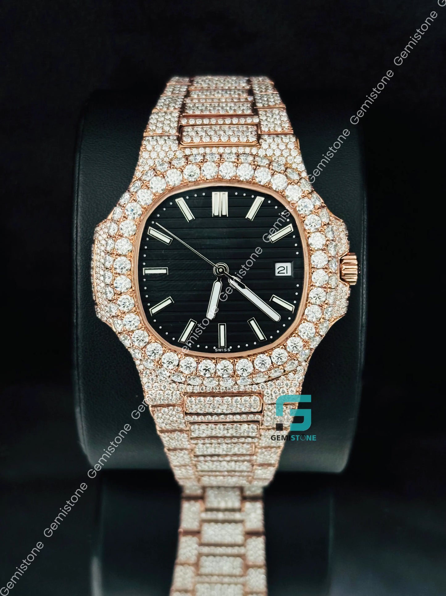 Patek Philippe Black Dial White Bar Moissanite Watch For Men